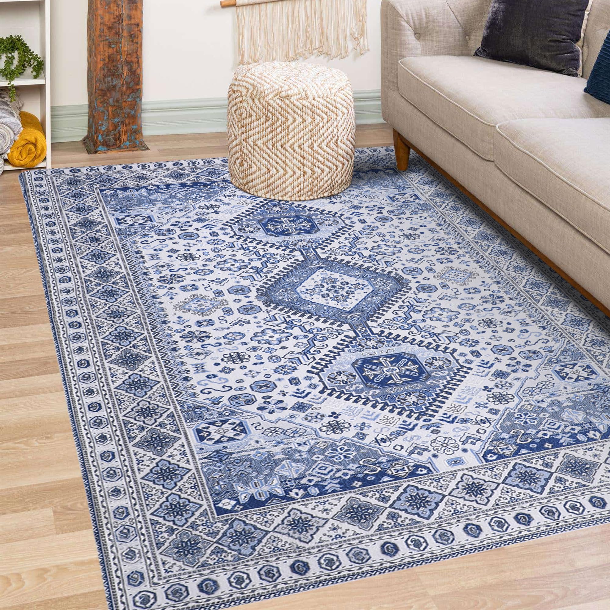 Alfombra persa antideslizante de 4 x 6 pies con estampado azul para interiores, lavable, de pelo bajo, plegable, alfombra de entrada interior, para dormitorio, sala de estar, comedor, sala de juegos