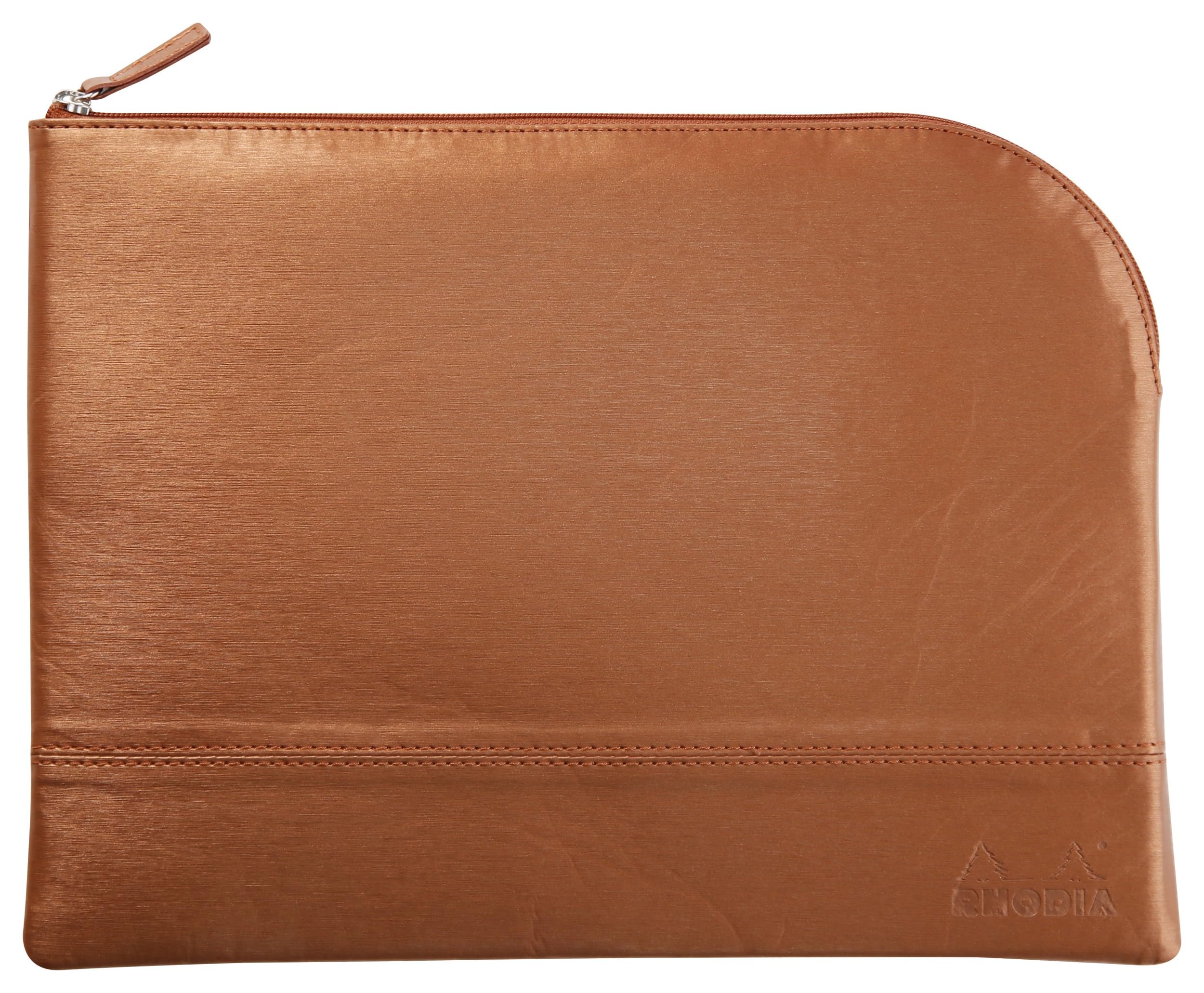 RHODIA 116718C, Faux Leather Zipped Pouch, Copper, Size L (21 x 28 cm), Genuine stitching, Orange Fabric Inside, Documents