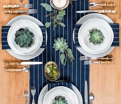 Miniatura 5 de Solino Home Camino de mesa de lino de 14 x 72 pulgadas, 100% lino puro, azul marino y blanco, para verano, interior, exterior, a rayas, hecho a mano