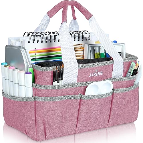 JJRING Craft Organizer Tote Bag, Art Storage Caddy with Multiple Pockets, Pink Sewing Bag for Art, Craft, Scrapbooking, School, Medical, and Office Supplies Storage