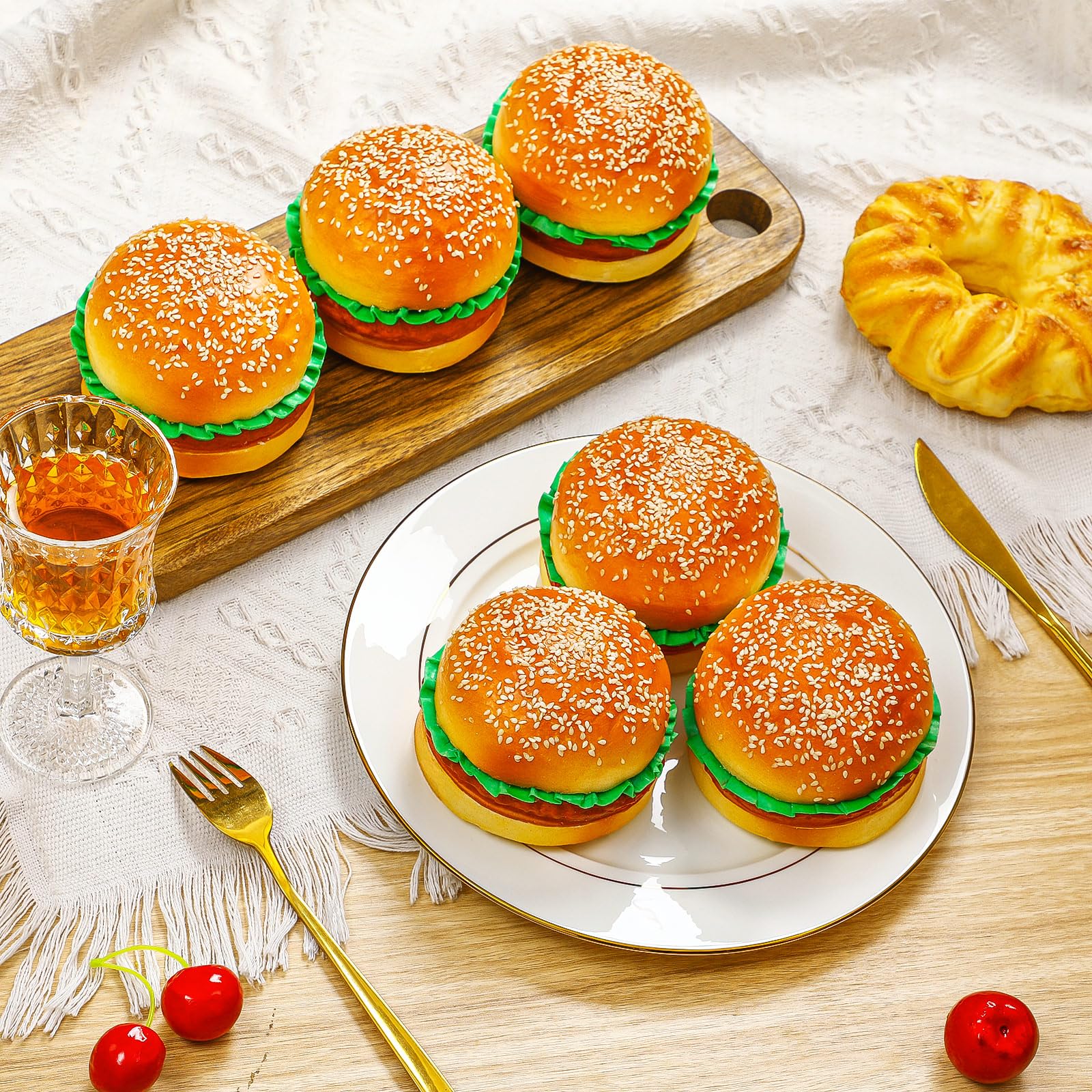 CroBlissful 6 Pcs Artificial Hamburgers Realistic Fake Food Bread Model Photography Prop for Kitchen Food Fake Display Home Kitchen Party Decoration