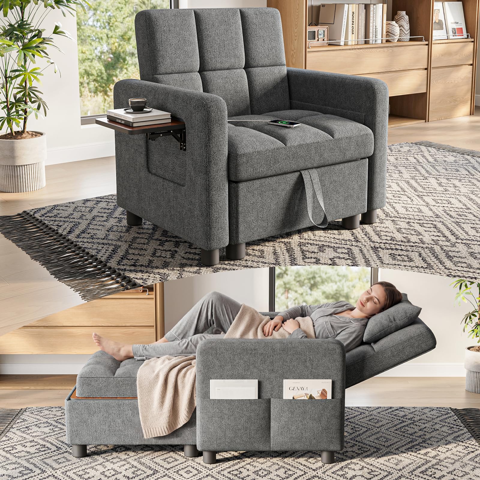 convertible sleeper chair 3 in 1 pull out sofa bed | single sofa bed with storage ottoman and adjustable backrest | reading chair with foldable table & usb port, grey