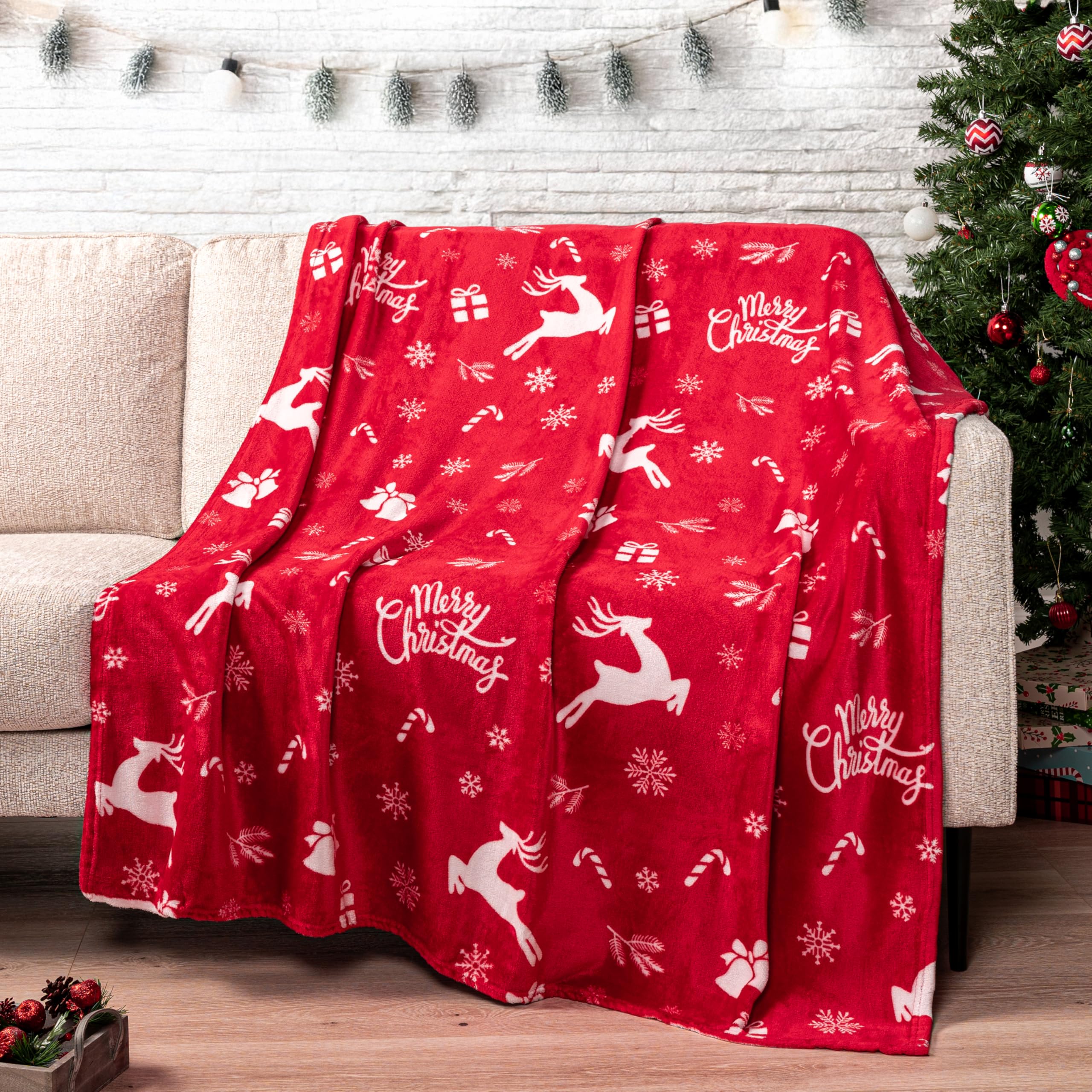 Couverture de Noël PAVILIA - Plaid polaire rouge renne chaud d'hiver 127x152 cm