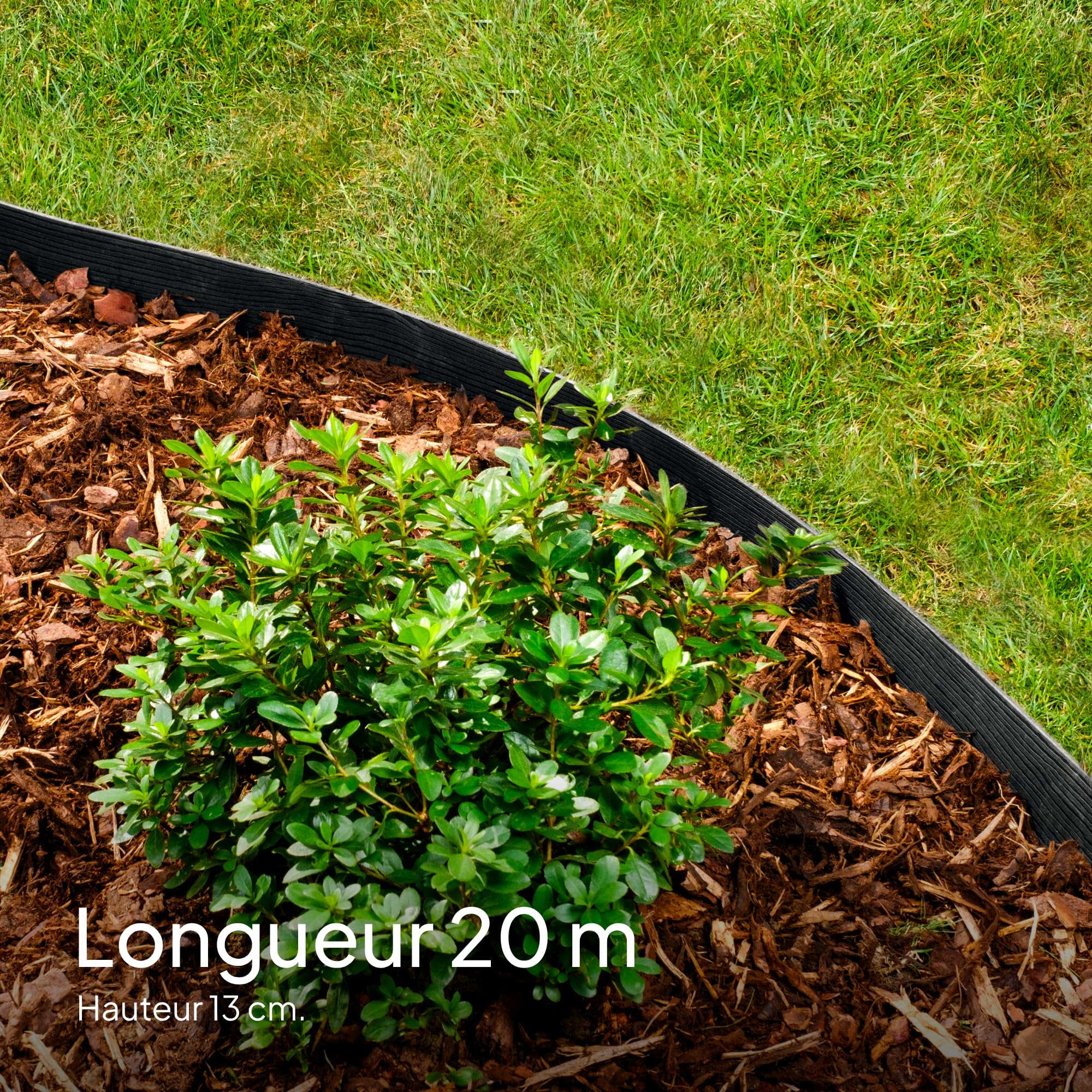 UNIGARDIA Bordure de Jardin Flexible 20m - Hauteur 13cm, Épaisseur 3mm - Bordure de Gazon en Plastique - Bordure de Pelouse résistante aux UV, Utilisation Facile, Noir avec Décor en Bois