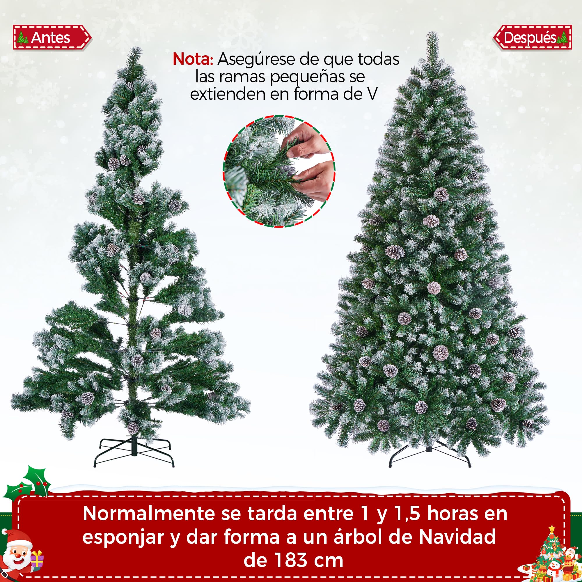 Yaheetech 183cm Árbol de Navidad Nevado Artificial 920 Puntas con 64 Frutas de pinos Soporte Metálico Plegable para Decoración Casa Oficina Fiestas Festivas