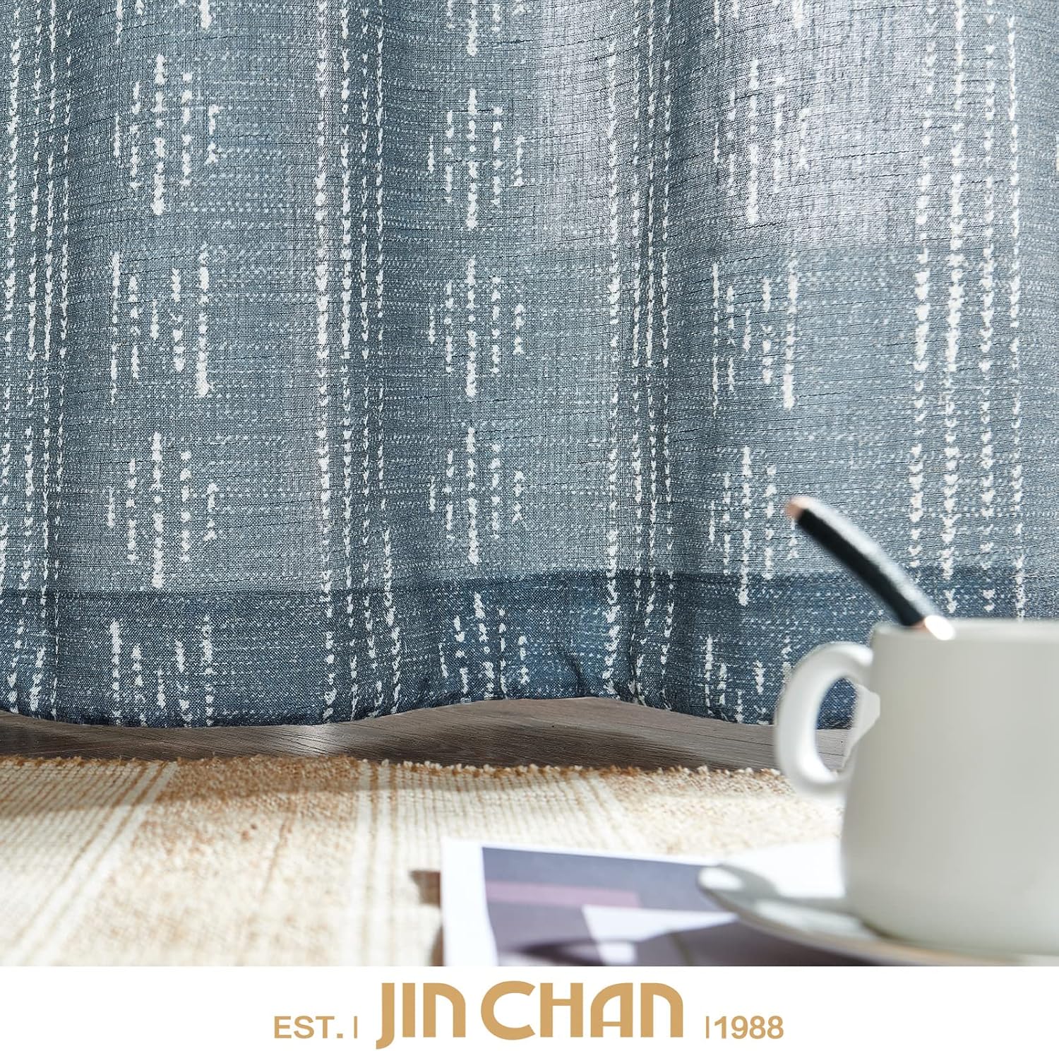 jinchan Boho Curtains for Living Room Blue Farmhouse Boho Curtains 84 Inches Long Geometric Striped Mudcloth Light Filtering Bedroom Window Grommet Curtains 2 Panels Blue on Beige
