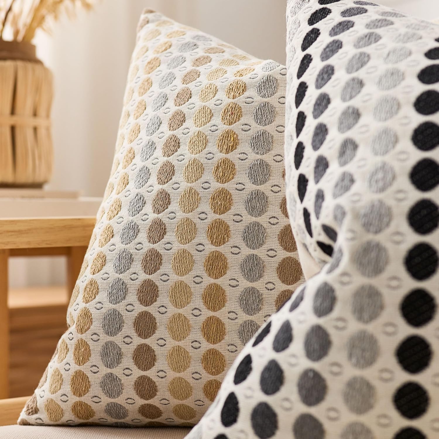 Boho Throw Pillow Covers 20x20 Set of 2, Geometric Polka Dots Decorative Pillowcases for Couch, Sofa, Bed & Living Room, Black Gray Neutral Textured Accent Home Decor - Image 6