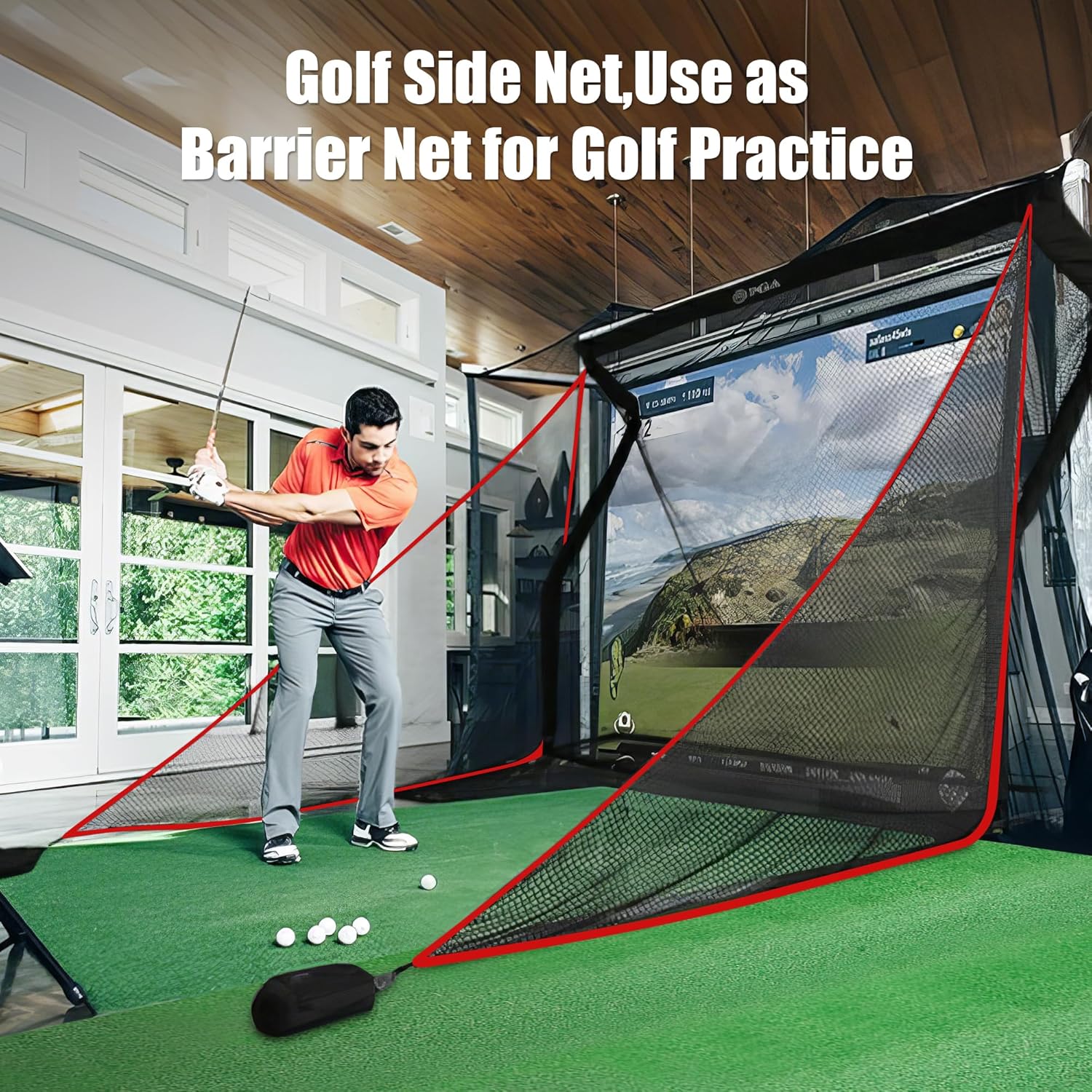 6-10ft 1/2PCS Nylon Side Net Golf Accessory with 1 Sang Bag, Easy to Install Side Net for Golf Nets and Simulator Premium Sports Net Hitting Nets (Red/Black)