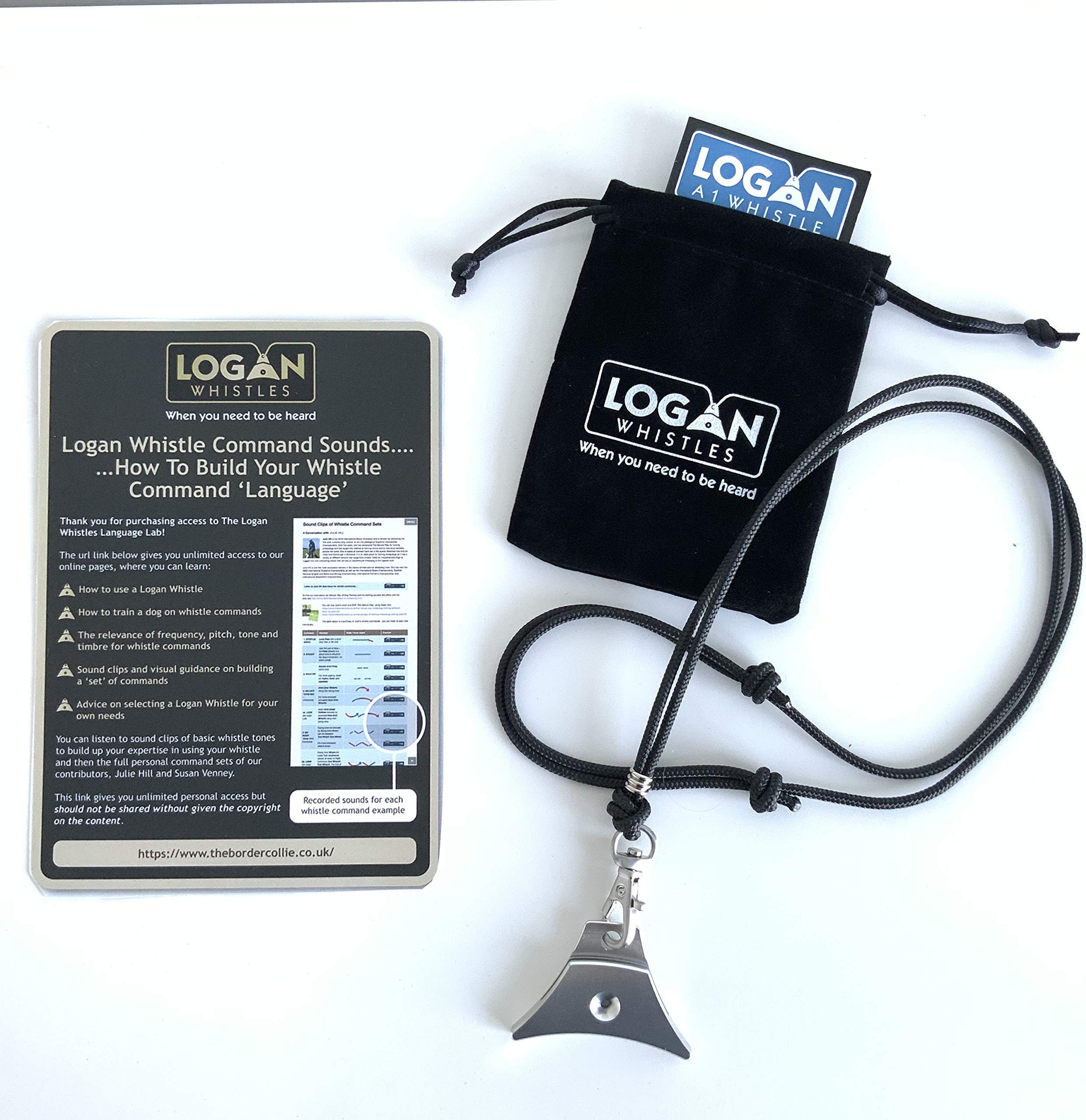 Logan Sheep Dog Whistle Starter Pack - A1 Whistle, Lanyard and Command Sound Guide - Silver Anodised Aluminum.