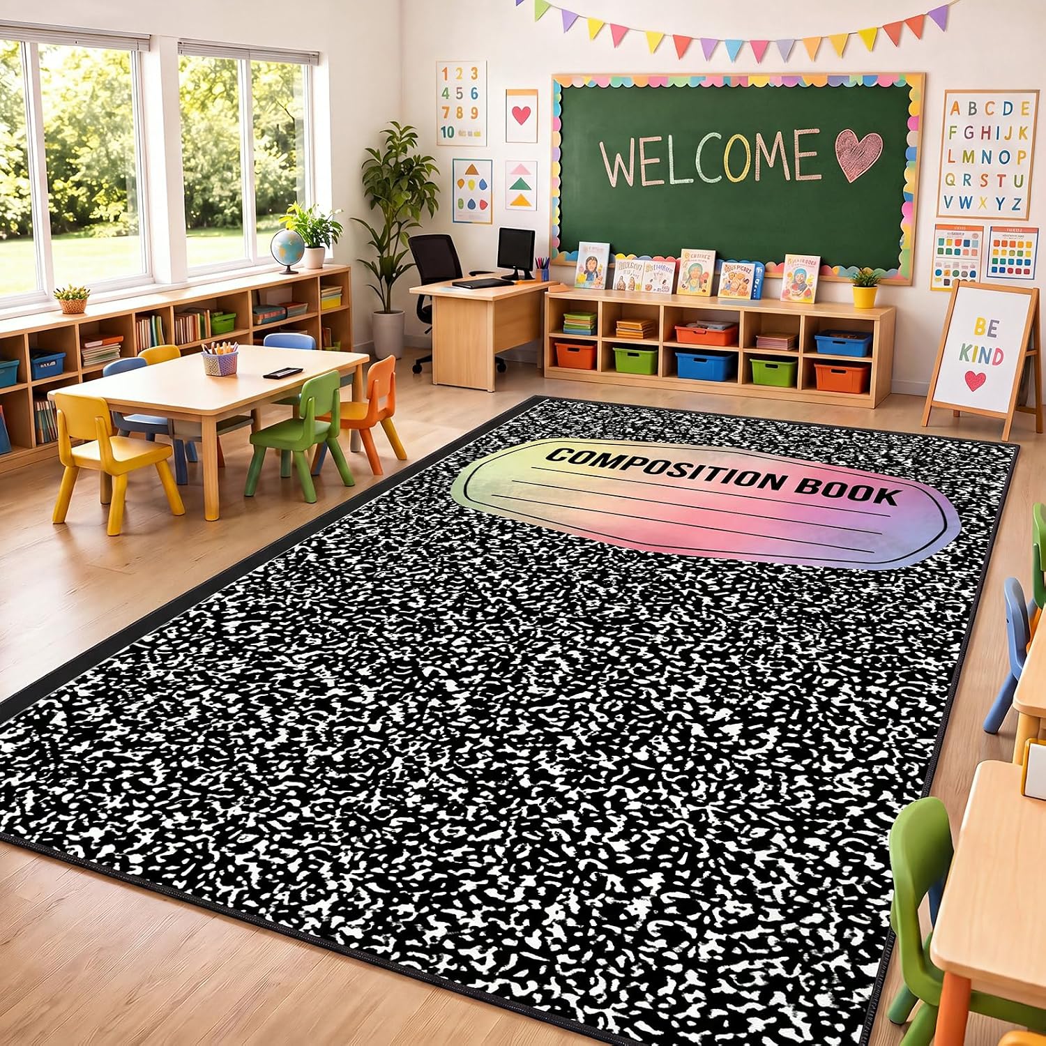 Frienda 13 x7.5 ft Large Classroom Rug Composition Notebook Rug | Low Pile Non Slip Carpet Soft Carpet Washable Educational Rugs for Living Room Children Bedroom Kids Room Nursery