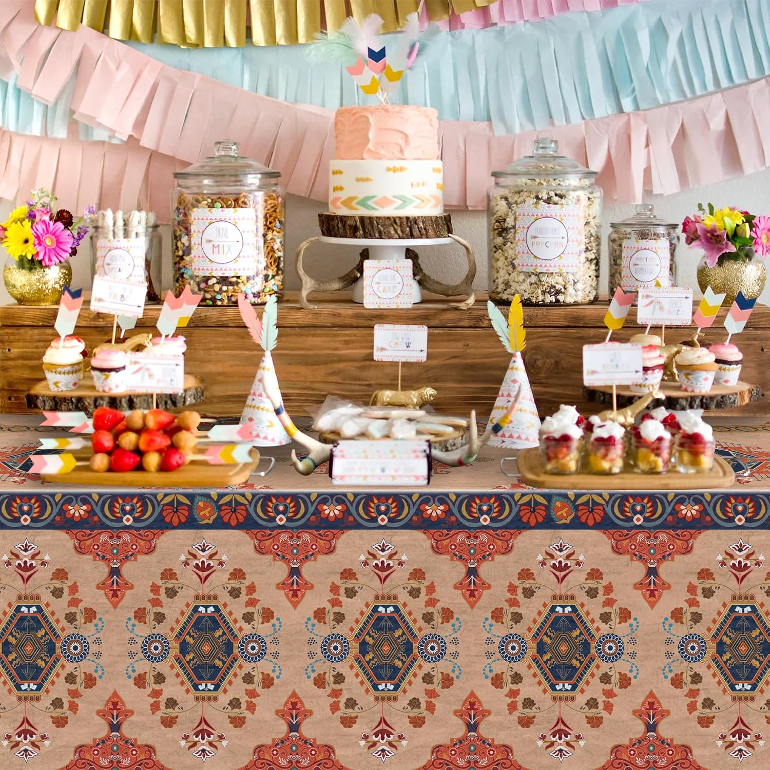 Aztec Boho Party Tablecloth - 3Pcs Vintage Boho Plastic Table Cover 87 x 51 Inches Geometric Rustic Table Cloth Disposable Farmhouse Triangle Tablecloth for Kitchen Birthday Party Supplies