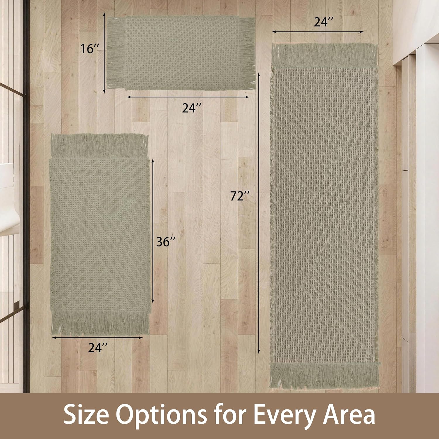 Waffle Bath Mat Non Slip, Boho Bathroom Rug, Super Absorbent Quick Dry Bathroom Mat, Soft Farmhouse Bath Rug with Tassels, Small Washable Shower Mats for Floor 24"x36", Tassels Sage Green