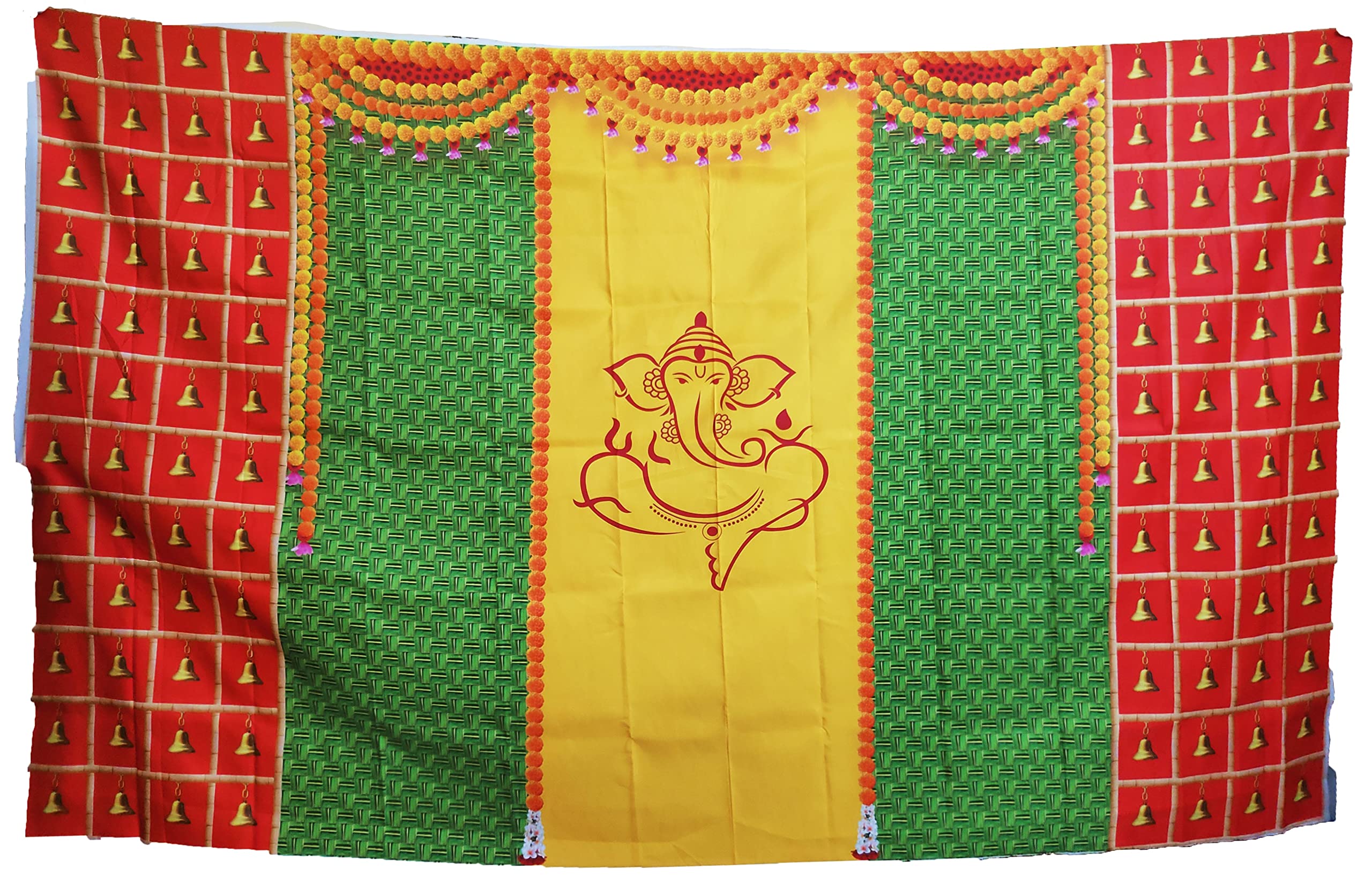 Talambralu Ganesh Bells Backdrop Cloth for All Festivals/House Hold Functions/Haldi Function & Any Traditional Ceremonies :Ganesh with Bells Design(Washable) 5Feet Height * 8 Feet Width 3