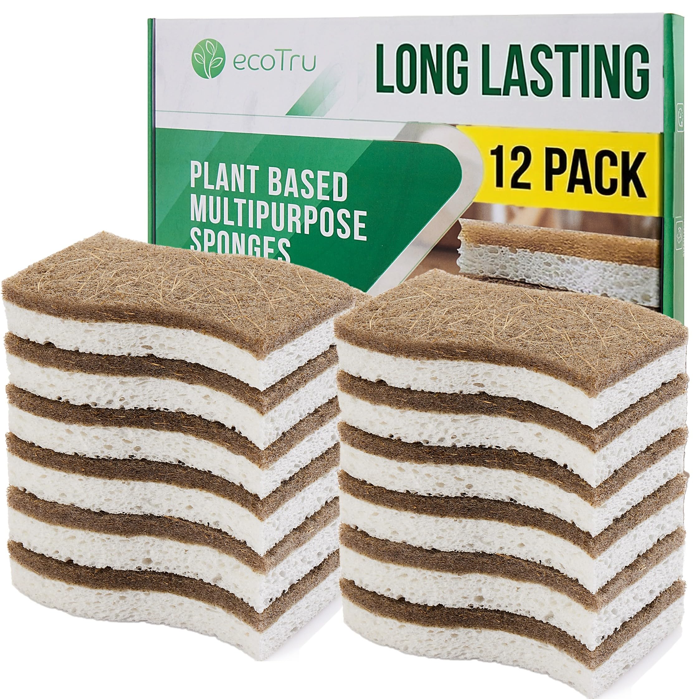12 Pack Natural Washing Up Sponge, UK Brand Eco Friendly Kitchen Dish Cleaning Sponges, Compostable Cellulose & Coconut Eco Sponges & Scourers, Biodegradable Non Scratch for Heavy Duty Scrubbing