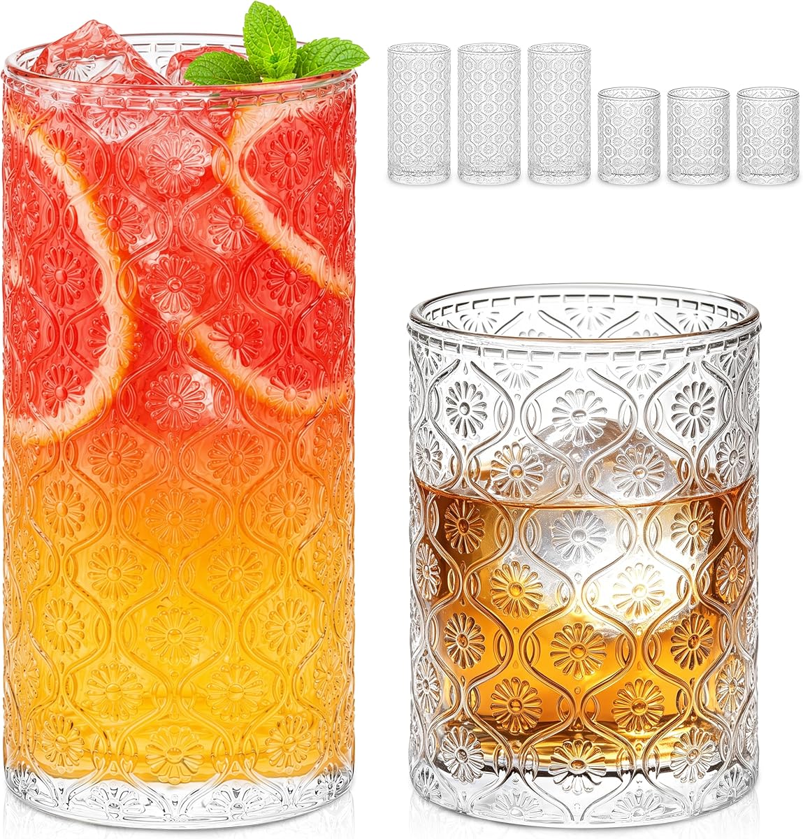 Danmu 12oz Highball Glasses & 8oz Rocks Glasses Set of 8, Glass Cups | Thick Base,Embossed Pattern,Vintage Style,Glass Cups,Drinking Glasses,Drinking Glasses Set of 8,Juice,Cocktail,Whiskey,Water