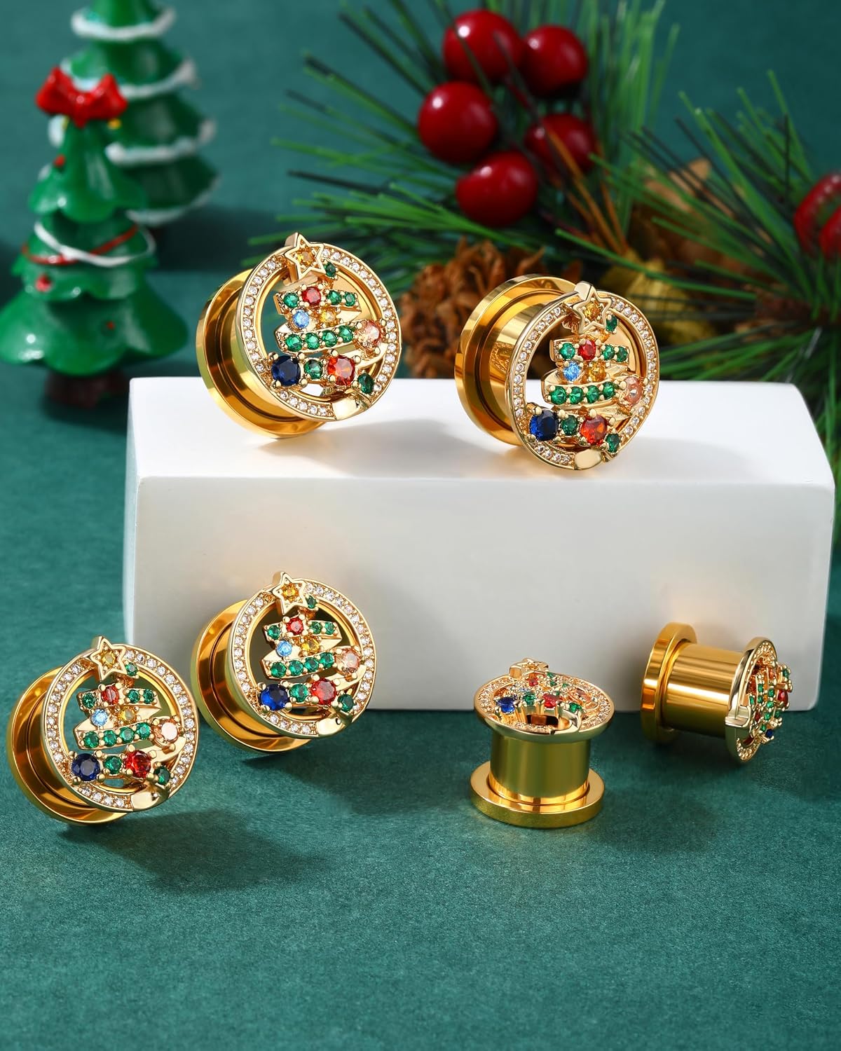 Jewseen Surgical Steel Ear Gauges Gold Ear Plugs Christmas Ear Tunnels Rainbow Cubic Zirconia Gauges for Ears for Women 2g-5/8’’ Gauges Plugs