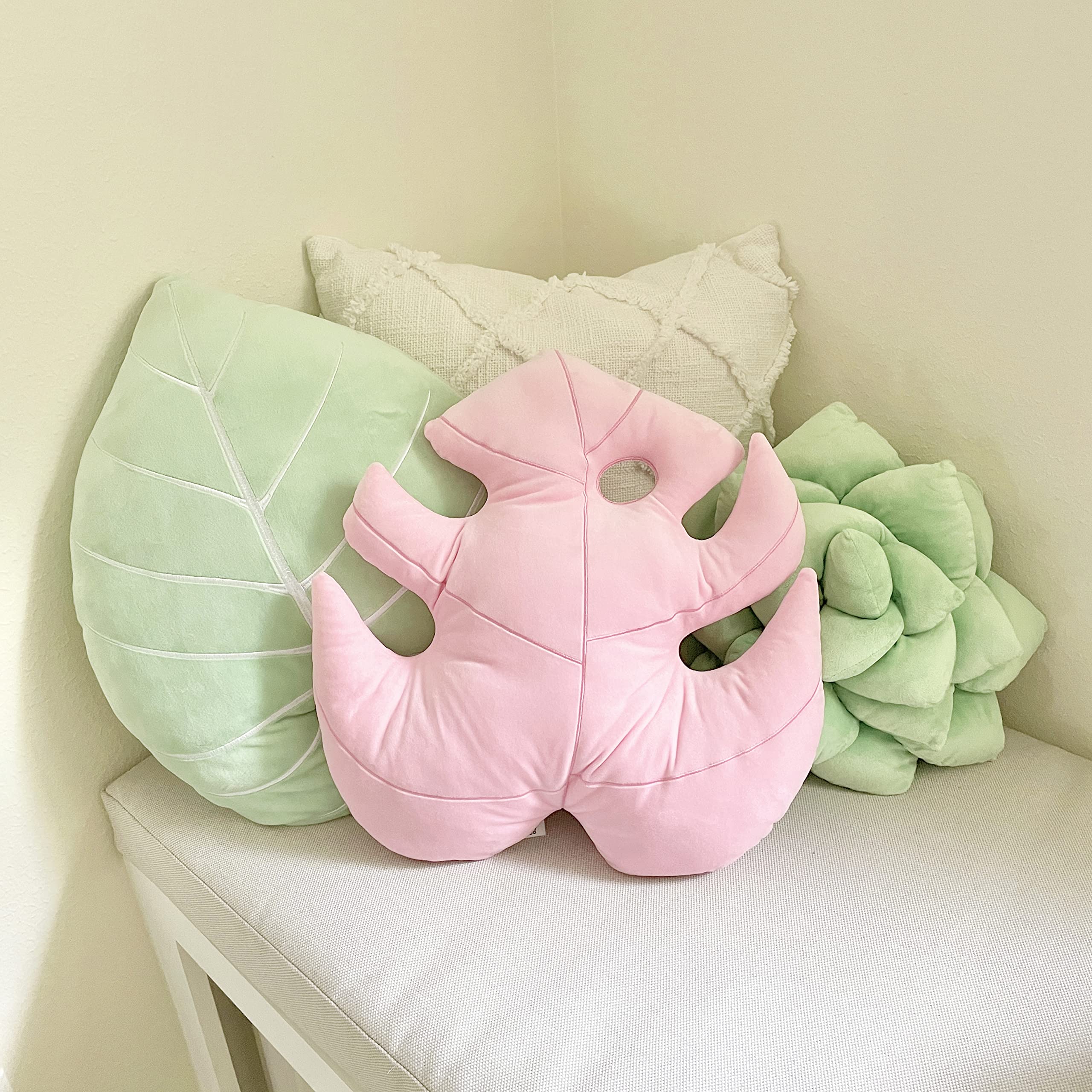Green Philosophy Co. Plush Monstera Deliciosa Paradise Pink Leaf Shaped Throw Pillow for Couch Sofa Living Room Home Decor Gift for Plant Lovers and ...