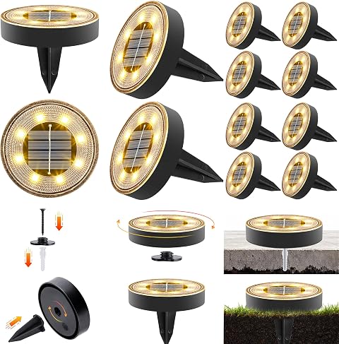 iBaycon Solar Bodenleuchten Aussen,12 Stück Warmweiß Solarlampen für Außen | 3000K 8 LED Solarleuchten Gartenbeleuchtung für Boden Weg Rasen Gehweg Patio,Garten Wetterfest