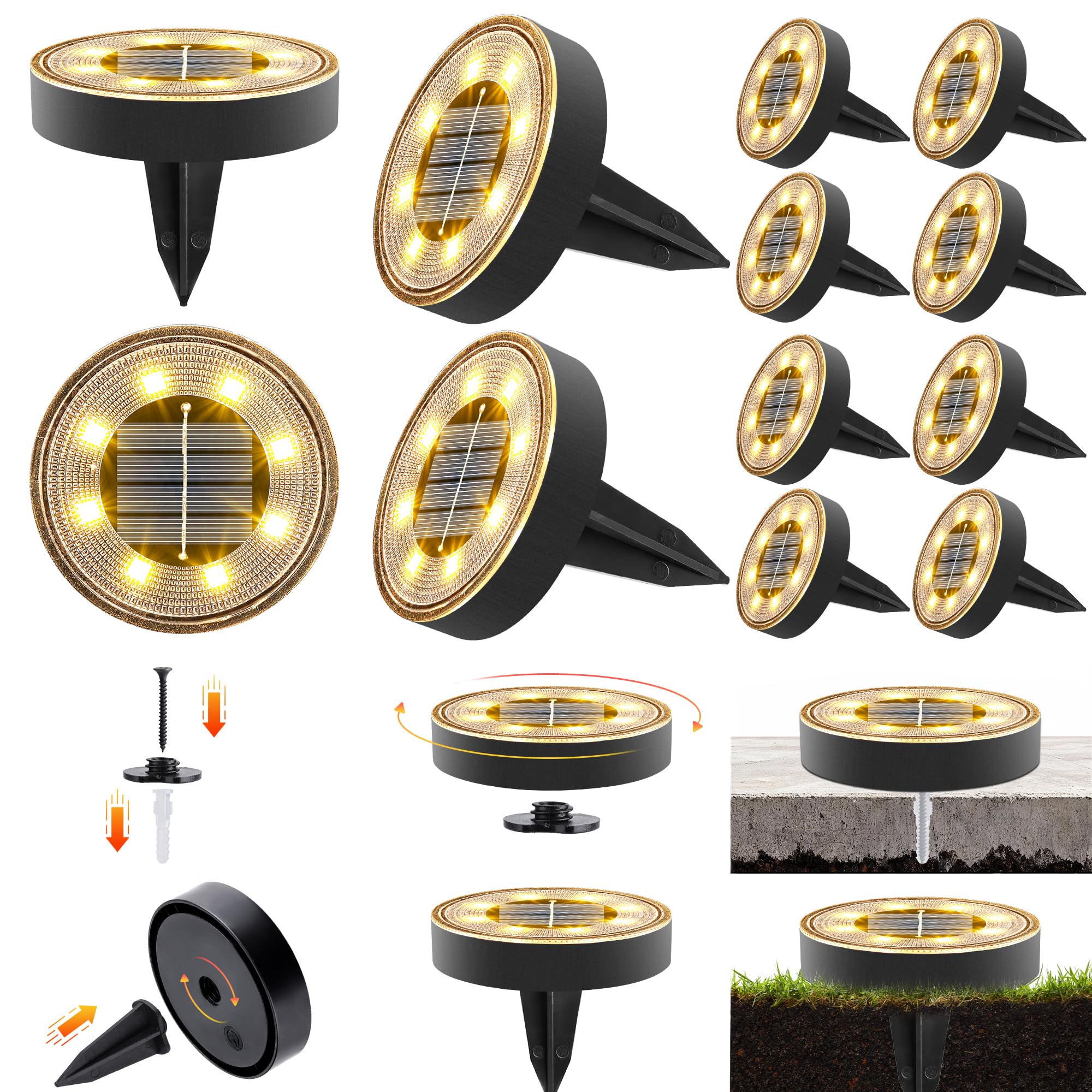 iBaycon Solar Bodenleuchten Aussen, 3000K Warmweiß 8 LED Solarlampen für Außen Garten Wetterfest,Solarleuchten Gartenbeleuchtung für Boden Weg Rasen Gehweg Patio(12 Stück)