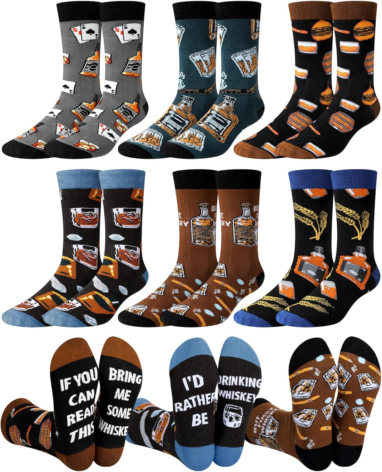 6 Pairs Novelty Whiskey Socks for Men Funny Bourbon Scotch Crew Socks Drink Party Bar Whiskey Lovers Gifts for Groosmen Bourbon Wedding Birthday Gag Gifts