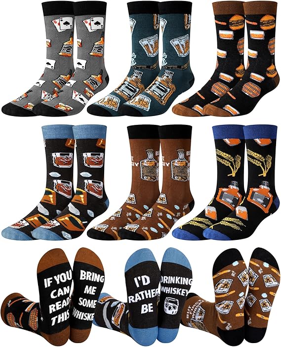 6 Pairs Novelty Whiskey Socks for Men Funny Bourbon Scotch Crew Socks Drink Party Bar Whiskey Lovers Gifts for Groosmen Bourbon Wedding Birthday Gag Gifts