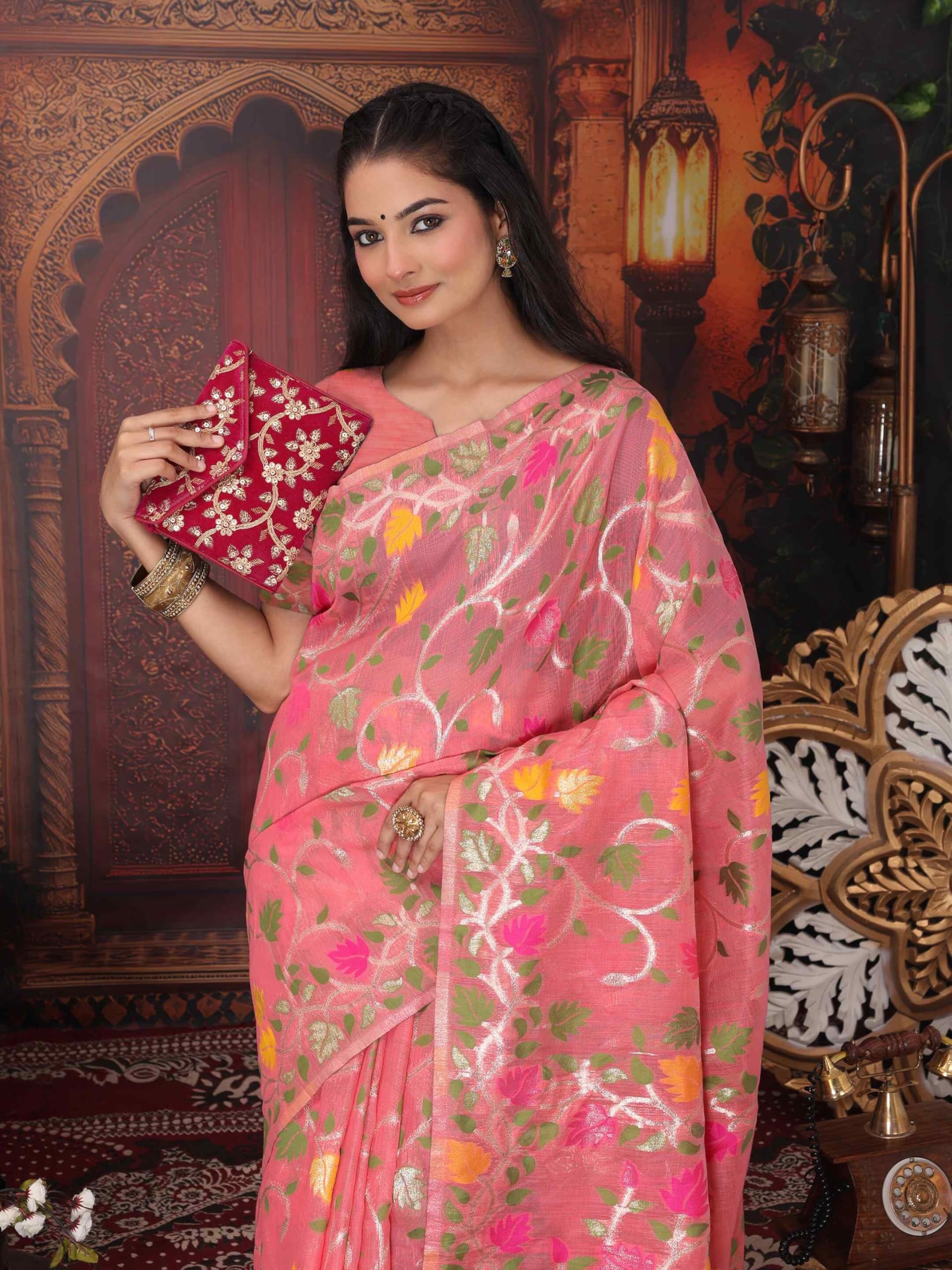 Shiv Textiles Women's Linen Cotton Woven Floral Printed Saree(AUS-ASGUL2004-TOMATO) 1
