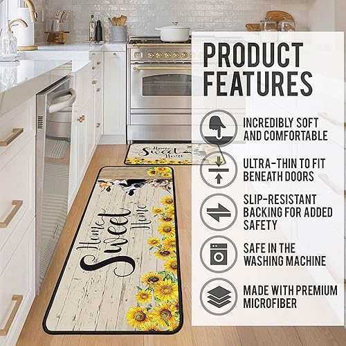 Miniatura 5 de Juego de 2 tapetes de cocina con diseño de gallo para cocina, decoración de granja para cocina, acolchados, antifatiga, juego de 2 piezas y tapete