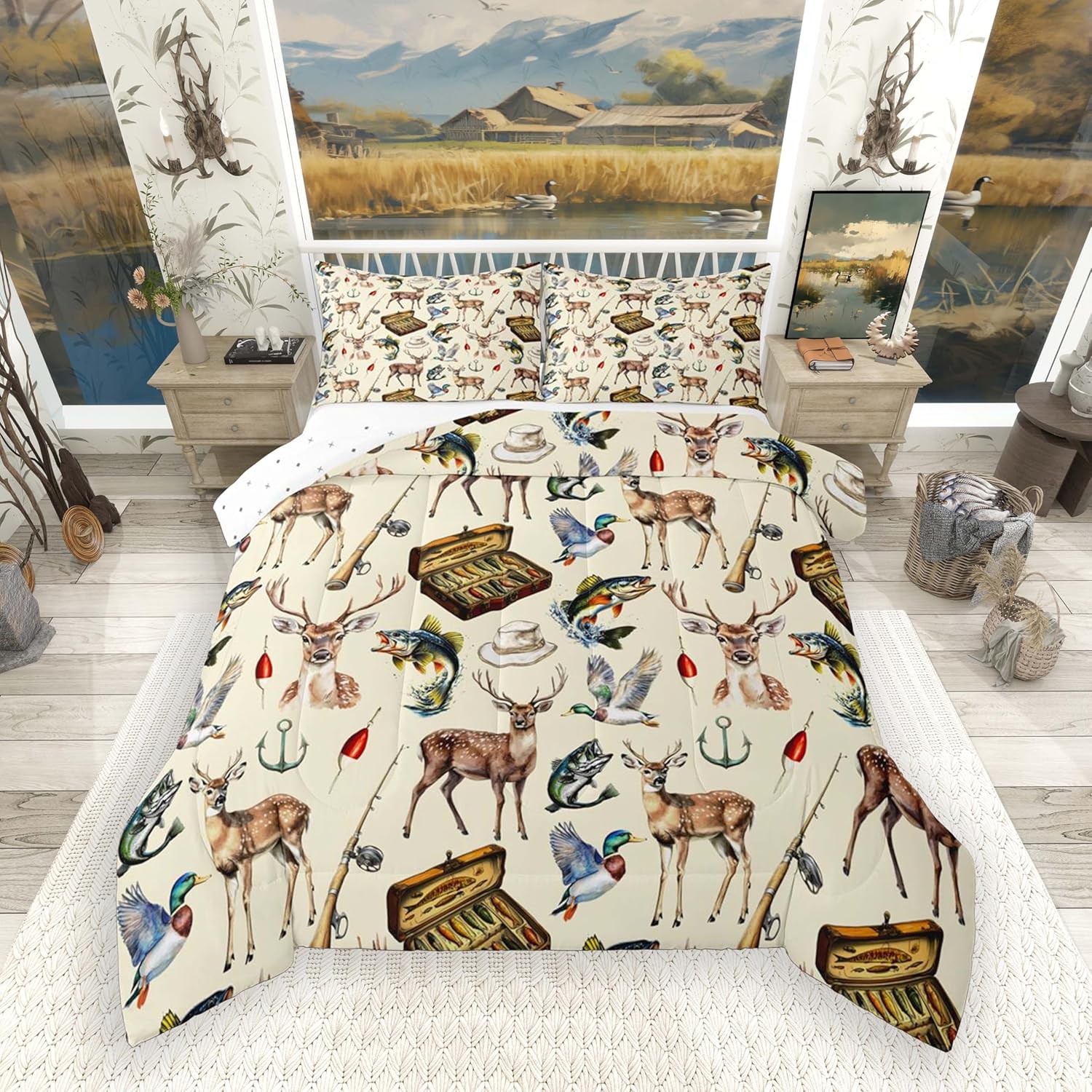 Feelyou Fishing and Hunting Bedding Set Soft for Boys Girls, Big Bass Deer Duck Comforter Set Queen Size Rustic Cabin Country Duvet Quilt Microfiber Bedroom Decor 3 Pcs with 2 Pillow Cases