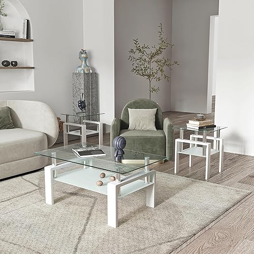 Miniatura 3 de Mesa auxiliar de cristal para sala de estar, mesa de cóctel Mordern blanca de 2 capas para sofá con almacenamiento rectangular de vidrio templado,