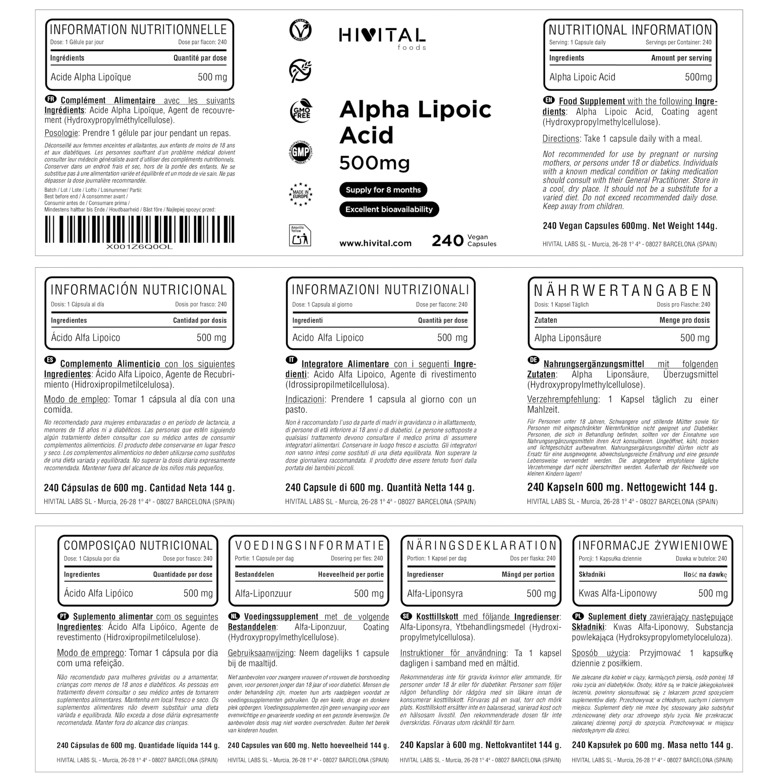 Acide Alpha Lipoïque (ALA) 500 mg. 240 gélules vegan pour 8 mois de traitement. ALA Granulaire avec une biodisponibilité et absorption maximales. Fabriqué en Europe par HIVITAL