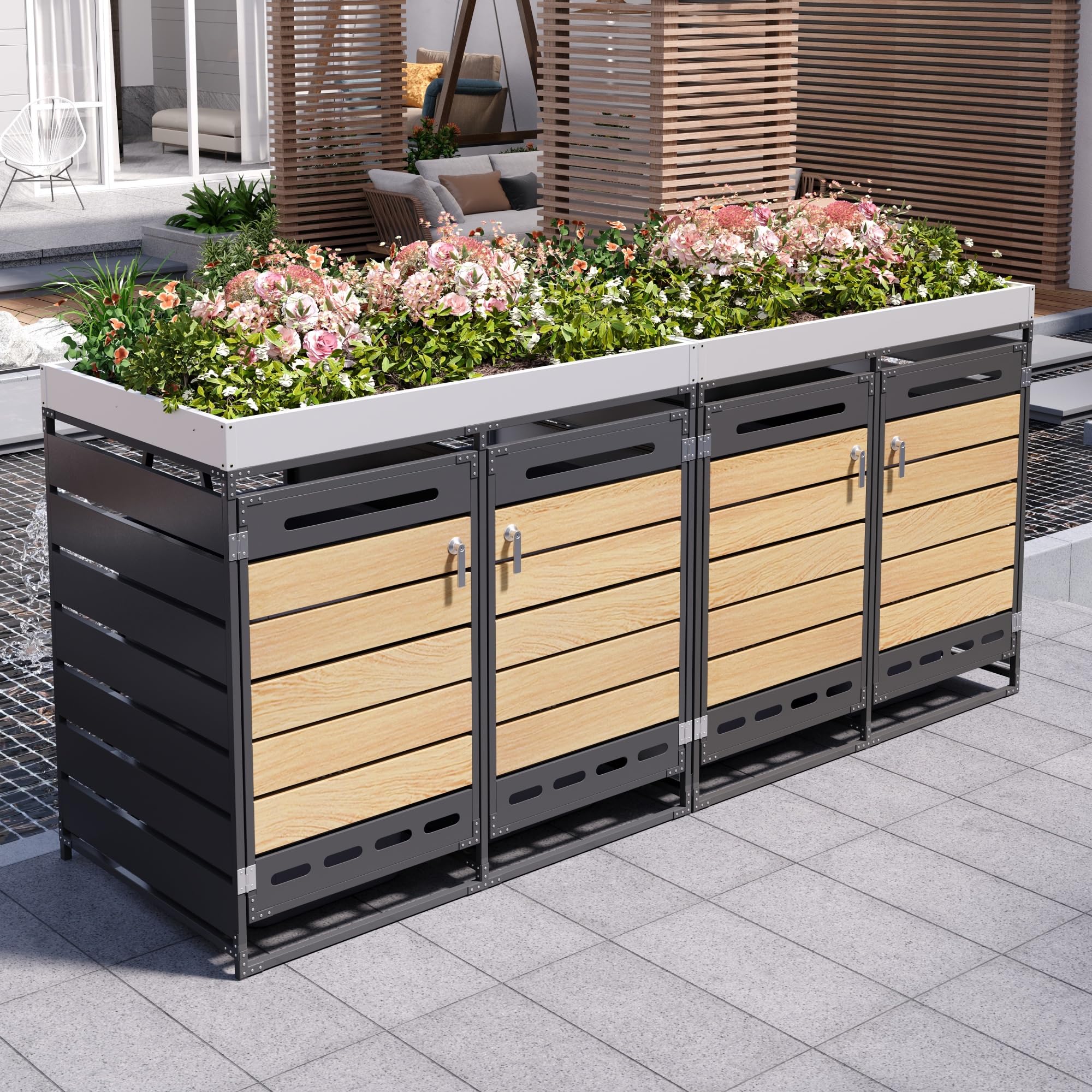 Contenedor de basura con jardinera, armario de almacenamiento de jardín de hierro con 4 compartimentos de almacenamiento, aspecto de madera horizontal, ventilación, cerradura