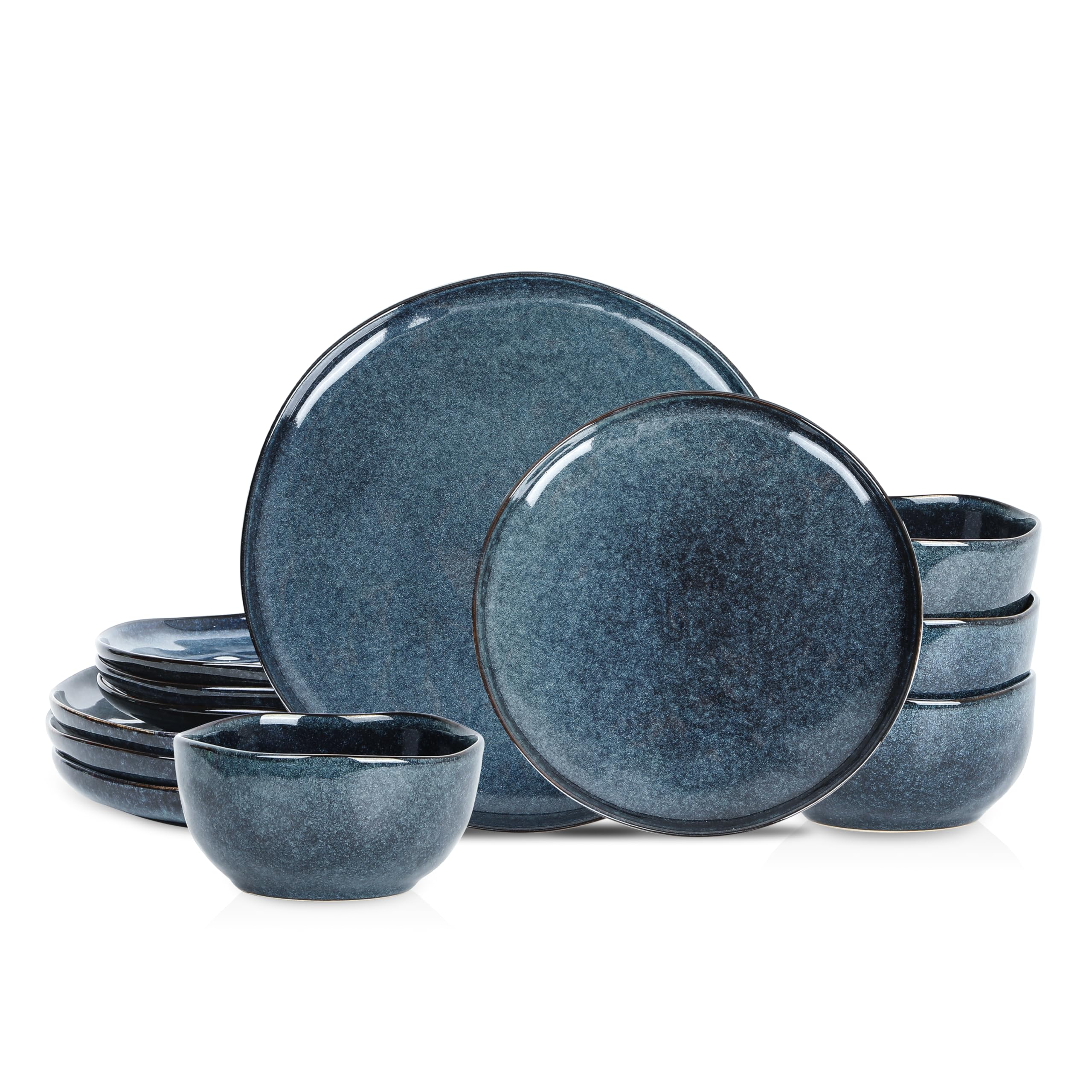 Stone Lain Mirella 12-Piece Stoneware Dinnerware Set, Service for 4, Reactive Glaze, Deep Blue – Includes Dinner Plates, Salad Plates, and Bowls – Modern Artisanal Design