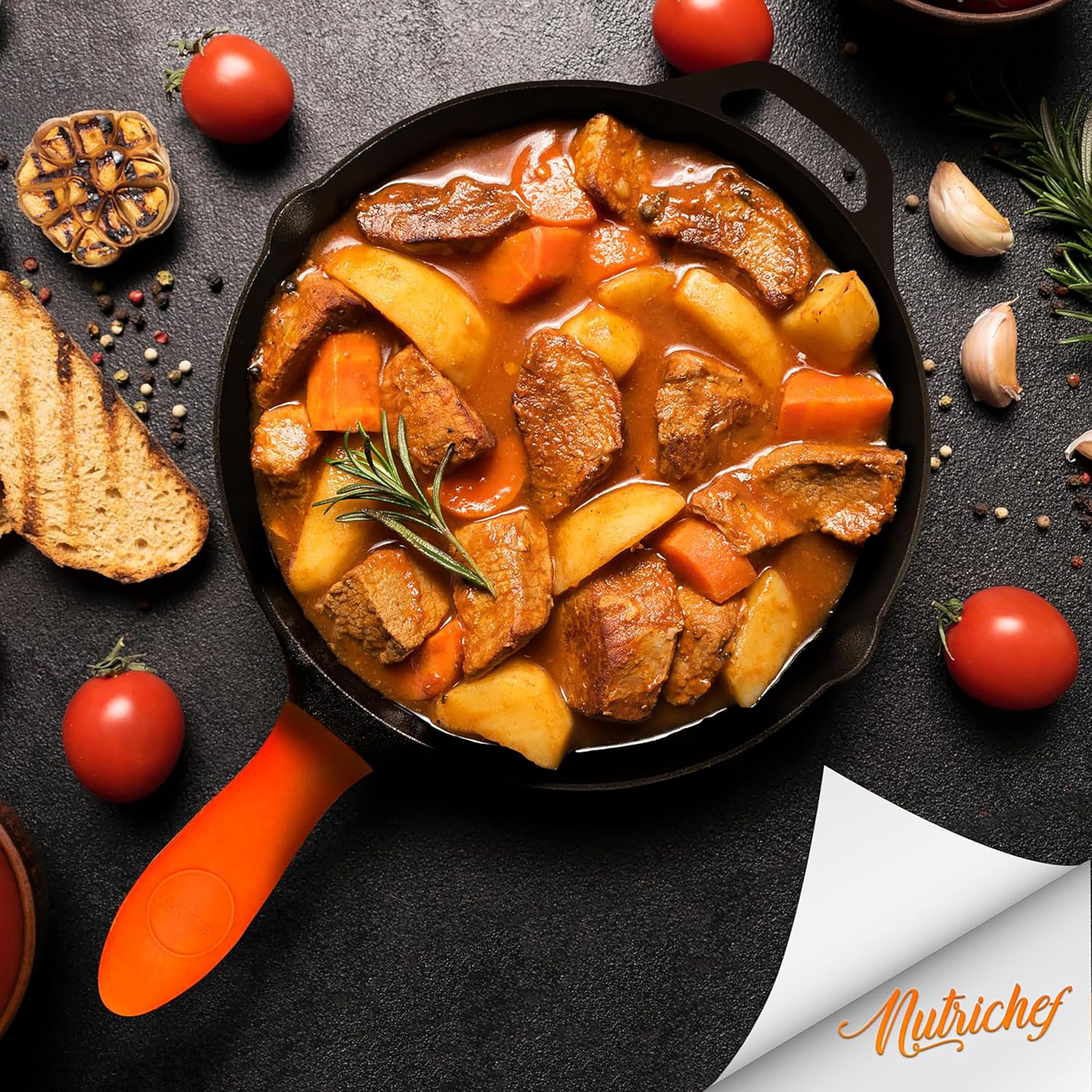 NutriChef Sartén de Hierro Fundido de 30,5 cm con Tapa, Apto para Horno, Antiadherente, Mango de Silicona, Para Todas las Cocinas