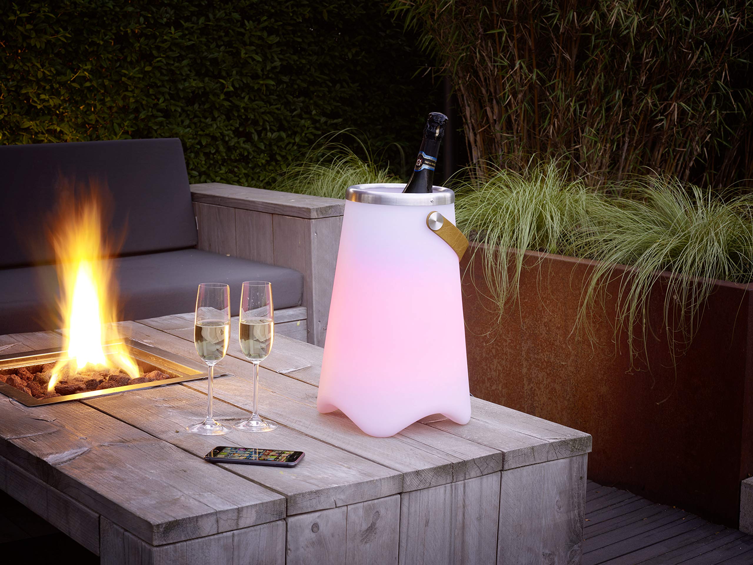 Reality Leuchten Jamaica R55086101 - Lámpara de mesa LED para exteriores con función de enfriador de champán (plástico, blanco, altavoz Bluetooth, RGBW, cambio de color)