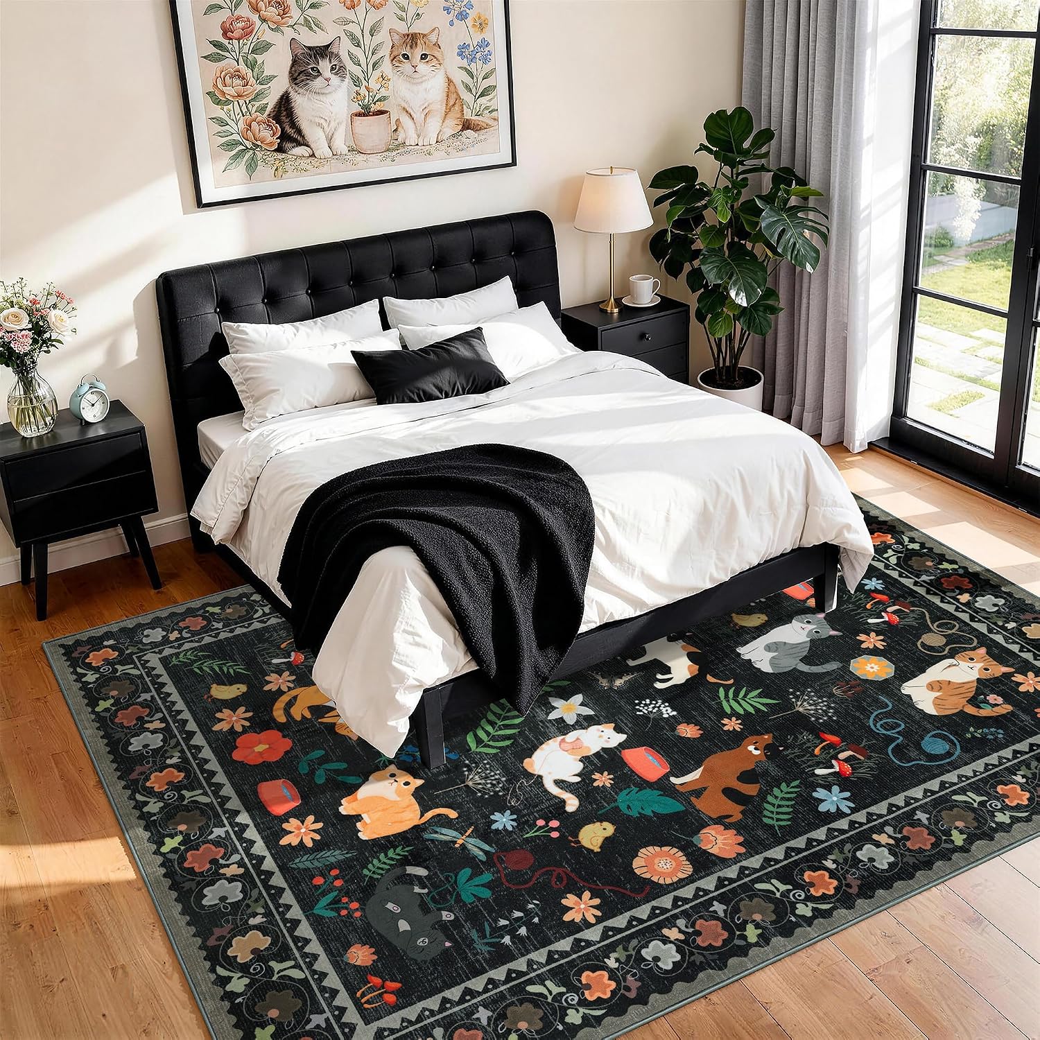 LIANLAM 5x7 Cat Lover's Area Rug, Washable Large Rug with Artistic Feline Design for Living Room & Bedroom, Pet Friendly Non-Slip Soft Carpet, Stain Resistant & Easy Clean(5x7,Black)