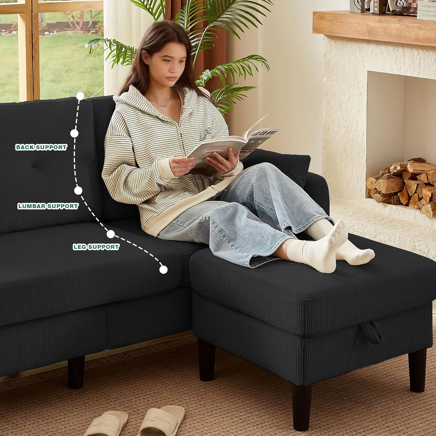 Corduroy Sectional Sofa Set with Storage Ottoman & Loveseat, 3 Seat L-Shaped Couch with Hidden Storage Ottoman, Removable Cushions and Covers,Modern Living Room Furniture (3-Piece Set)