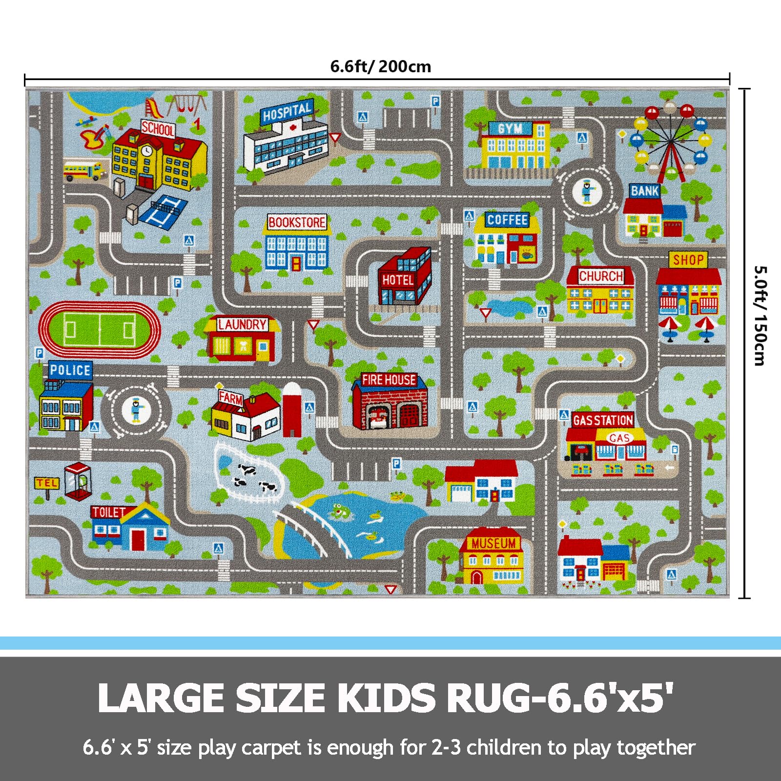 Capslpad Kinderteppich, Spielmatte für Spielraum, Verkehr, Straße, Kinderspielmatte für Kleinkinder, rutschfest, waschbar, Stadtkarte, Rennstrecke, Teppich für Kinderzimmer, Schlafzimmer, Kinderzimmer