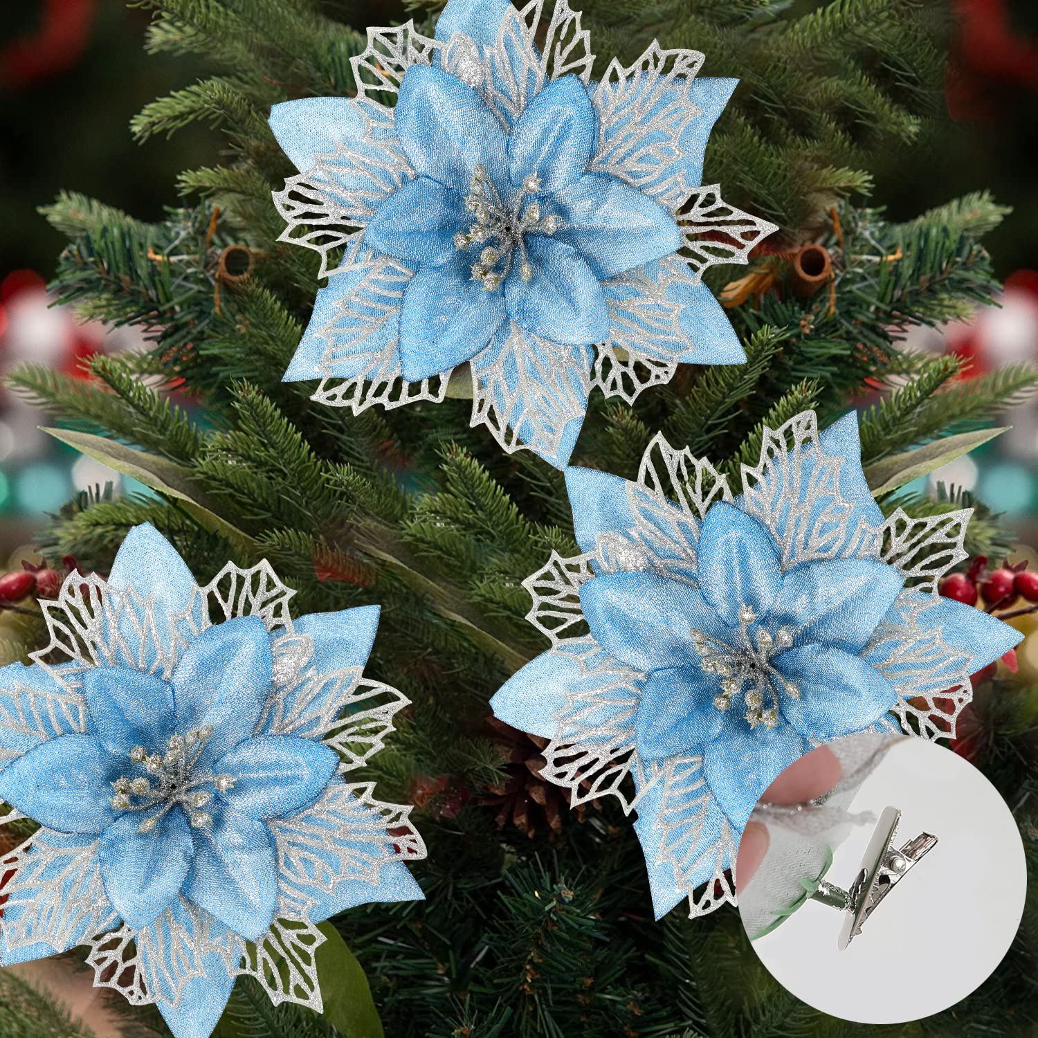 Amazon.co.jp: Sawowkuya ブルーポインセチア 造花 クリスマス
