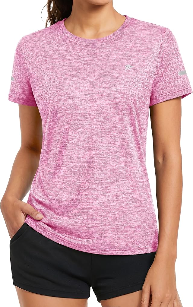 KEFITEVD Sportshirt Damen Kurzarm Atmungsaktiv Melange Sport Funktionsshirt | Weiches Stretch Material, Regular Fit, Perfekt Für Aerobic, Klettern, Trekking, Angeln, Yoga, Laufen, Wandern