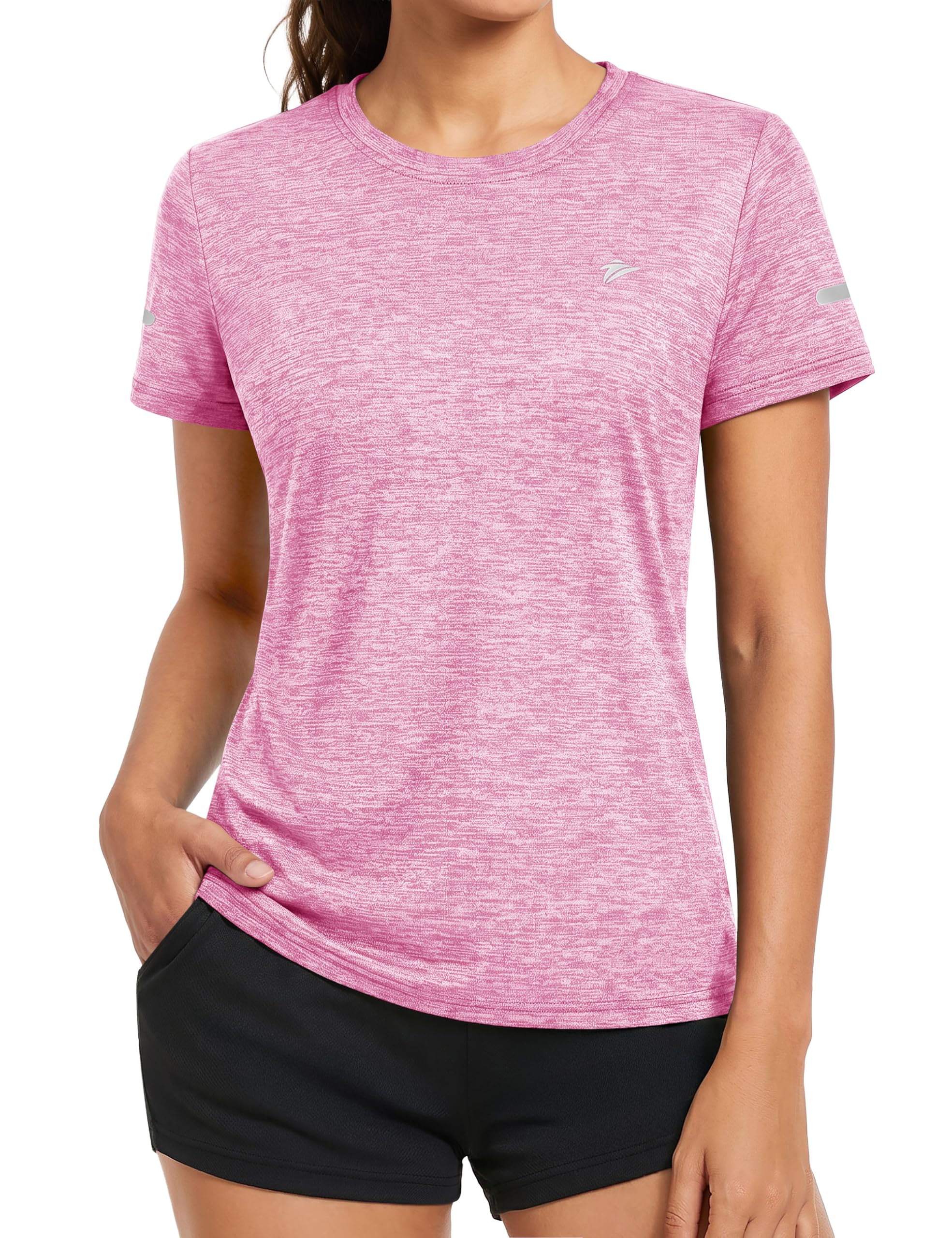 KEFITEVD Melange Sportshirt Damen Kurzarm mit Reflexstreifen Atmungsaktiv Stretch Funktionsshirt Rundhals Leicht Tshirt Schnelltrocknend Laufshirt Regular Fit