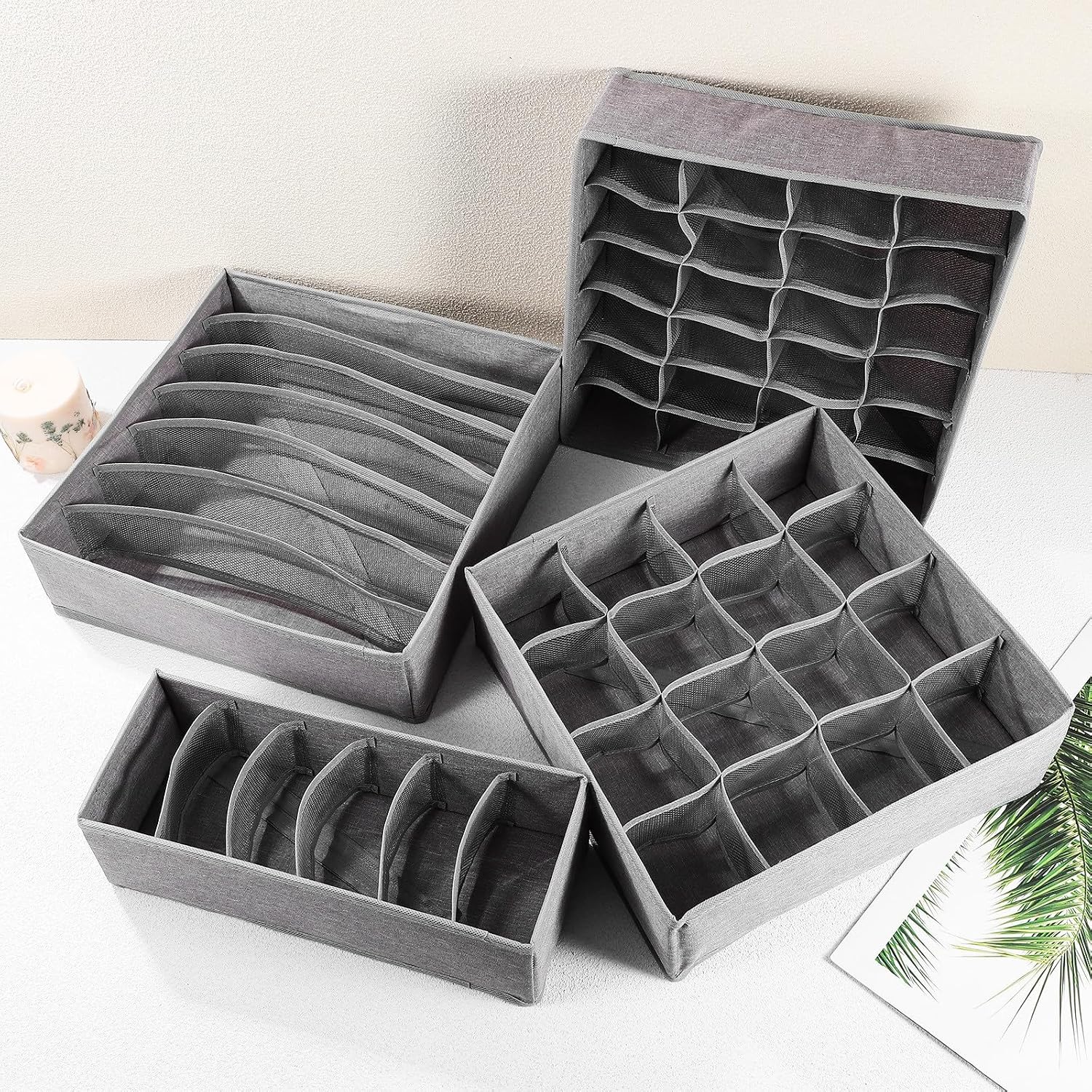 4pcs Foldable Drawer Storage Boxes with Compartments Cationic Fabric Organizer Dividers for Socks Bras Panties Ties Utensil Drawer Storage Containers for Closet and Wardrobe