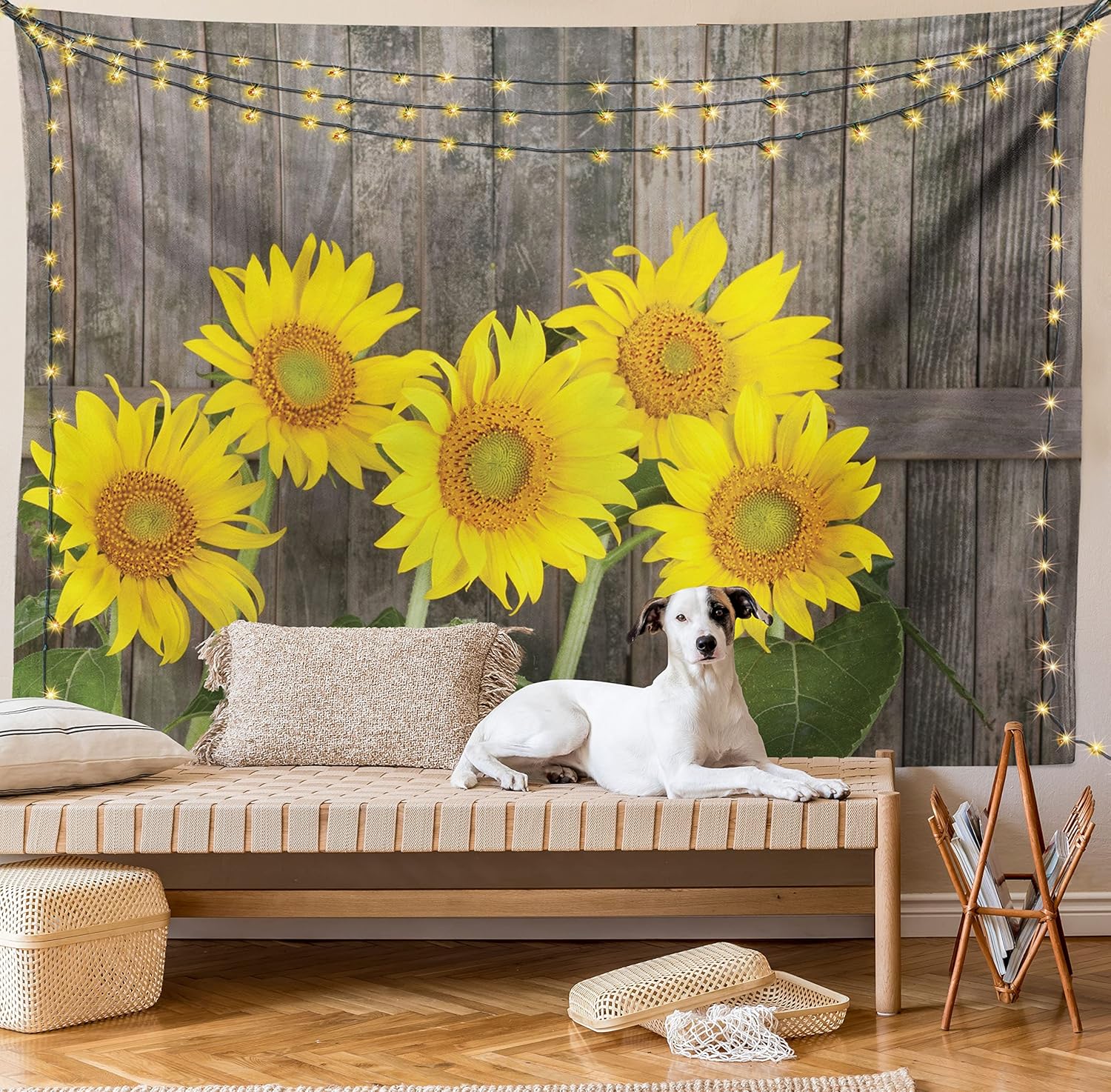 Ambesonne Sunflower Tapestry Queen Size, Helianthus Sunflowers Against Weathered Aged Fence Summer Garden Photo, Wall Hanging Bedspread Bed Cover Wall Decor, Queen Size, Brown Yellow Green