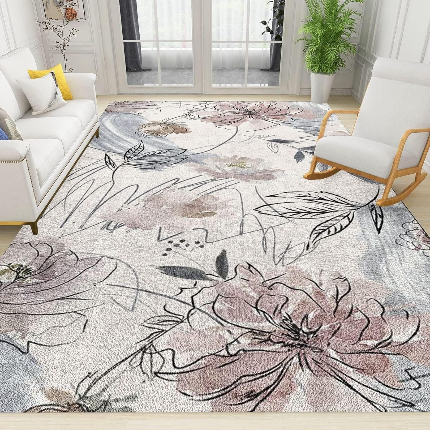 Pink Flower Area Rugs, Abstract Watercolorful Floral Stain