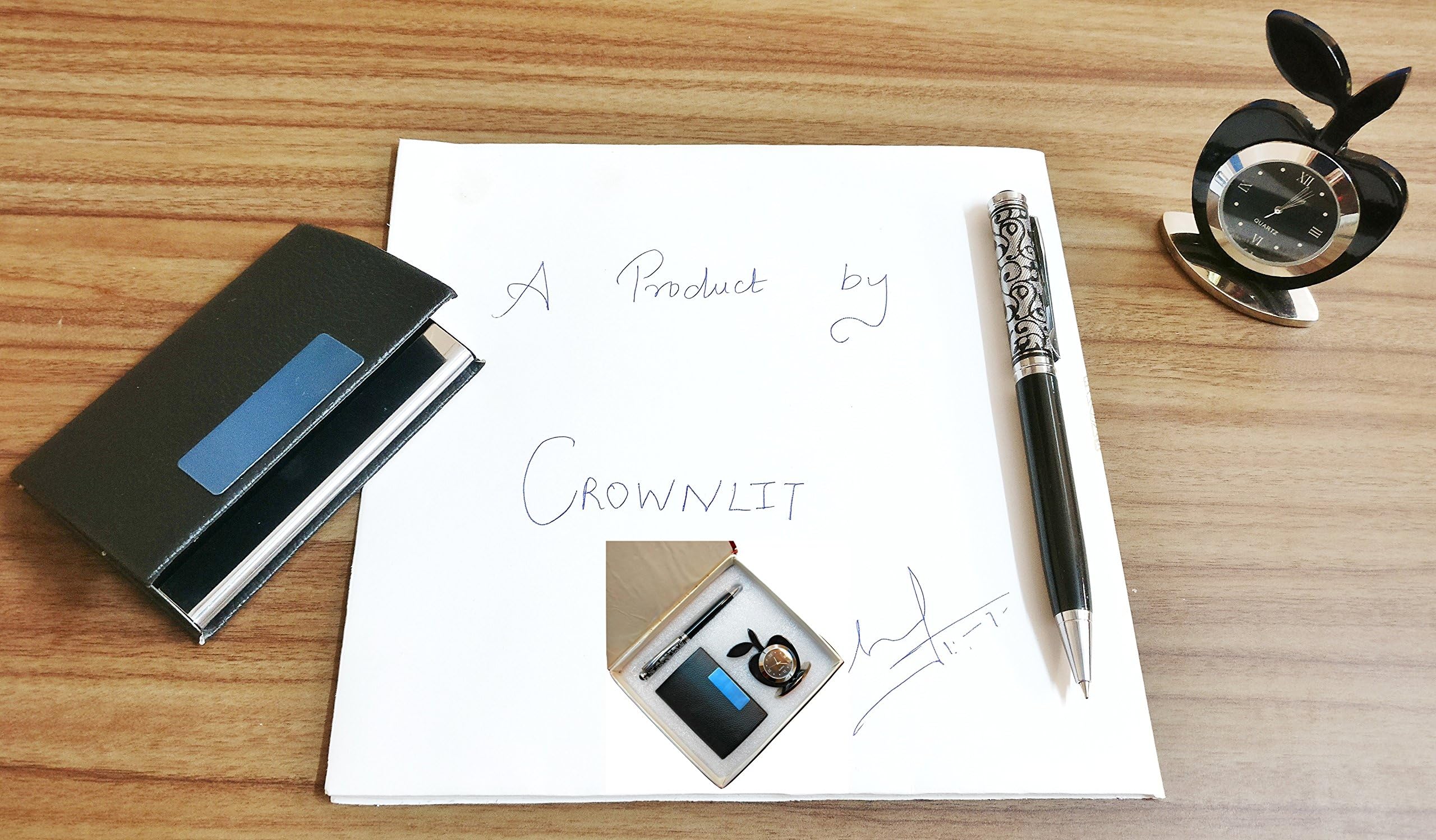 Aqeeq Steel 3 In 1 Set Of Clock, Metallic Pen And Card Holder (Black)