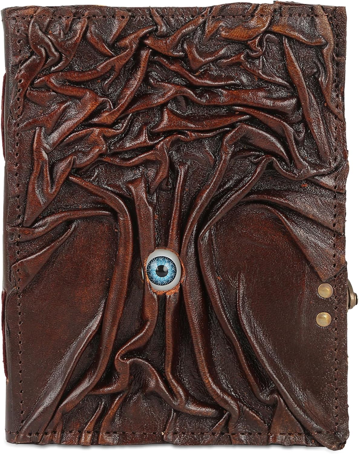 Handmade Leather Spellbook Journal with Eye – 8x6 Inch Tree of Shadows Grimoire Notebook for Witchcraft, Halloween, and Fantasy Writing – Unlined Deckle Edge Paper (Spellbound Brown)
