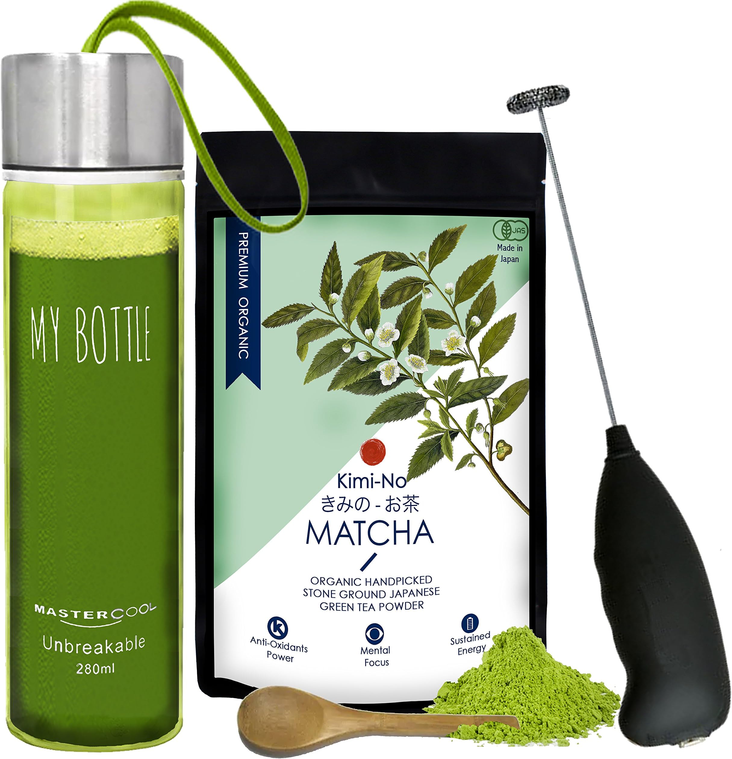 Kimino - Organic Matcha Tea - 50 GMS - Holiday Combo Kit- (Recipe EBook + Wooden Spoon + Electric Whisk + Carry Bottle)