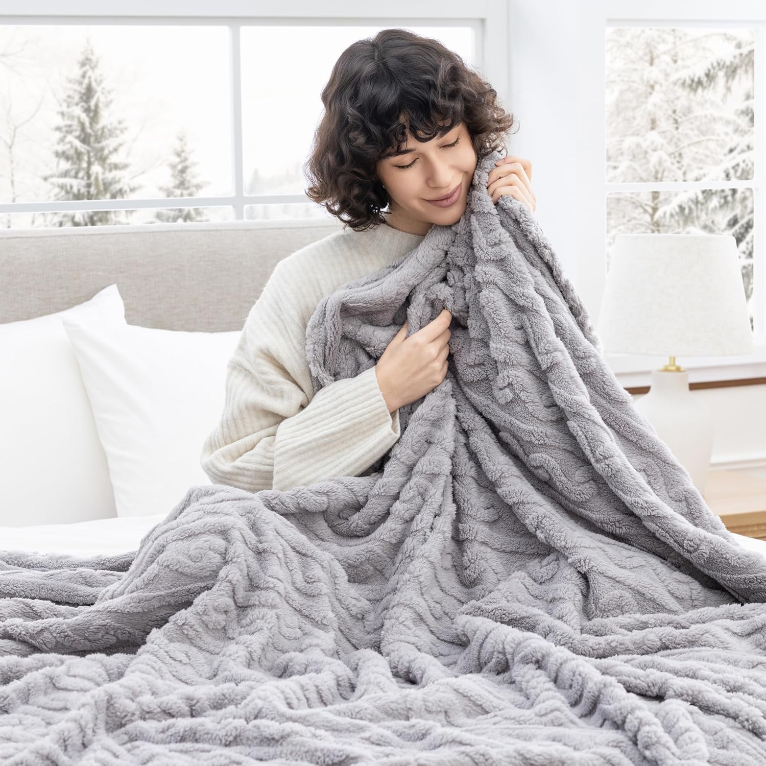 Jacquard Fluffy Fleece Blanket - Ultra Soft & Warm Plush Blanket for Couch, Cozy Lightweight Fuzzy Blanket for Adults Kids, Machine Washable, 70in x 90in, Chateau Grey