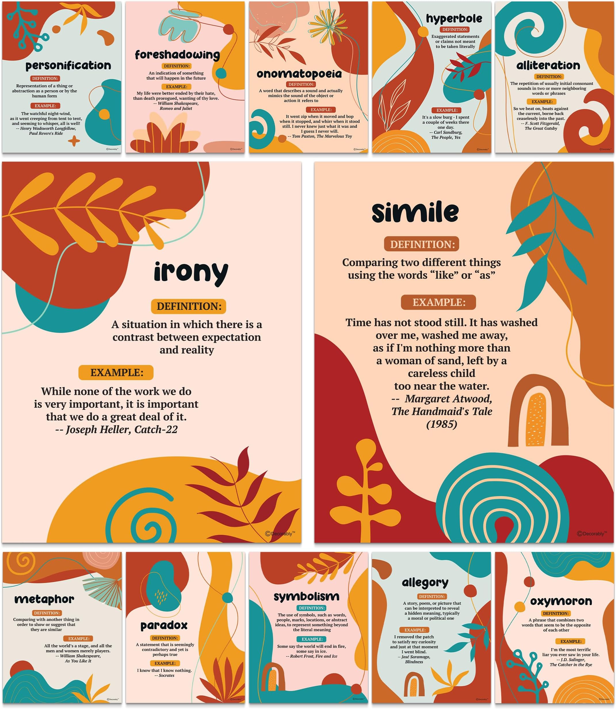 Decorably 12 Modern Literature Figurative Language Posters for Classroom High School, 11x14in Educational, Matte-Laminated School Decor - for Hallways, Bulletin Boards, Home Study Room, Library