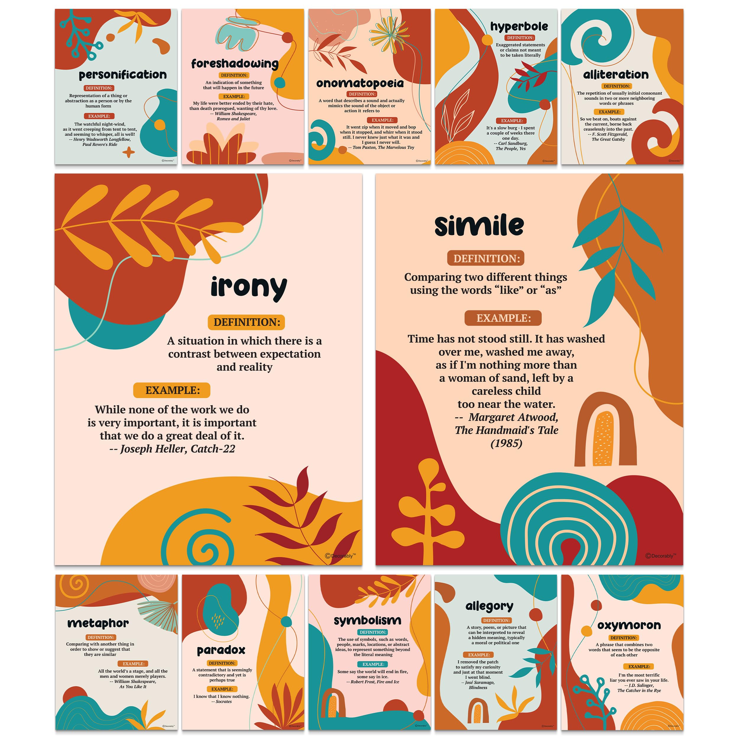 Decorably 12 Modern Figurative Language Posters for Classroom, 11x14in Matte-Laminated Educational ELA Classroom Posters for High School, Homeschool