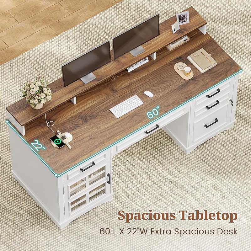 UPOSOJA 60'' Farmhouse Executive Desk with Drawers, Home Office Desk with Power Outlet & LED Light, Wood Computer Desk with Monitor Stand, Locking File Drawer, Glass Storage Cabinet, Hooks, White image 5